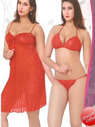 Midnight Surprise Sexy Red Babydoll Lingerie set 3 Piece