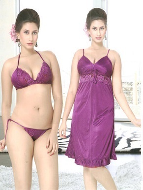 Glamorous Satin Purple Babydoll Set