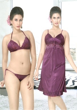 Sweet Night Dark Purple 3 Piece Babydoll Set