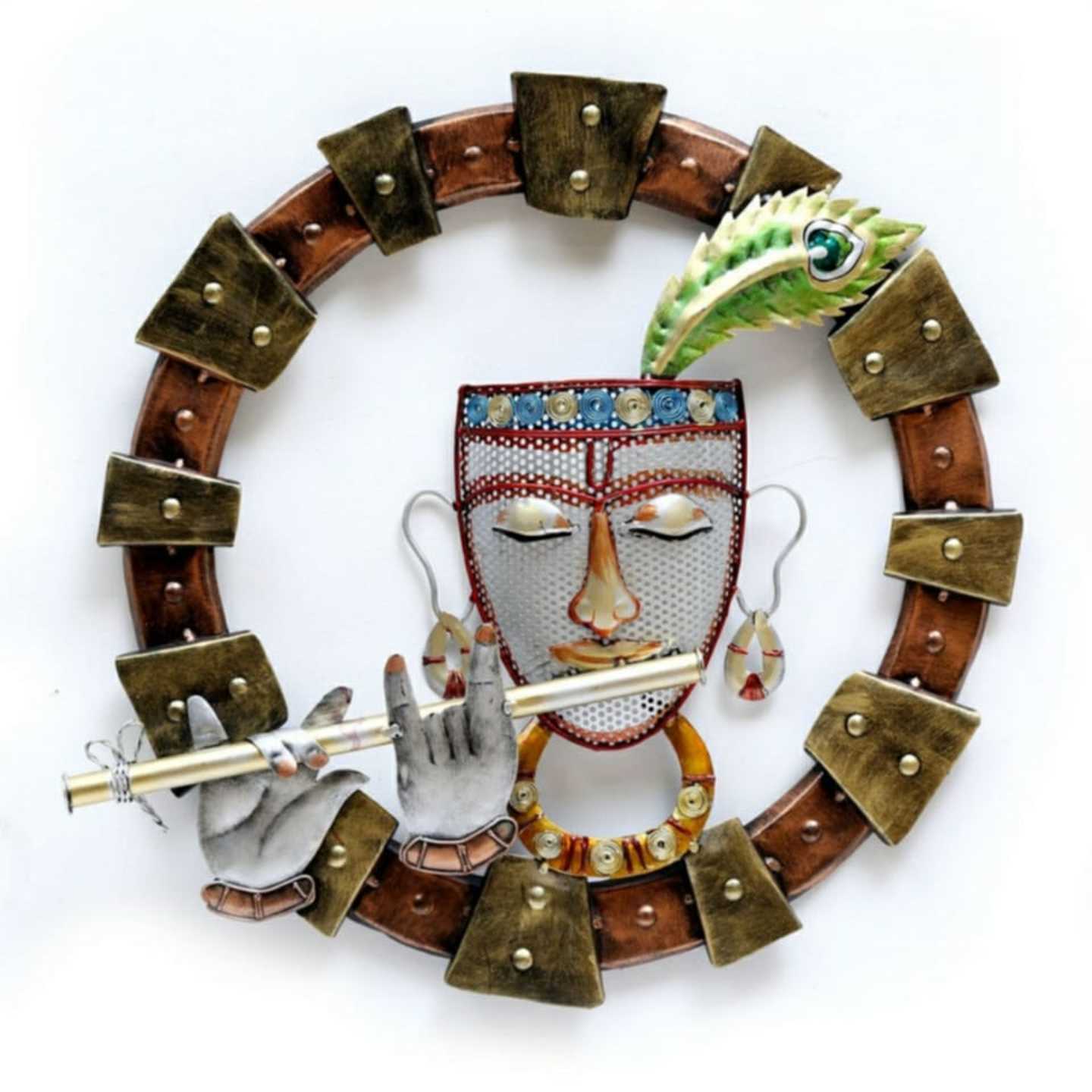 Metal Krishna idol with Flute Round Frames