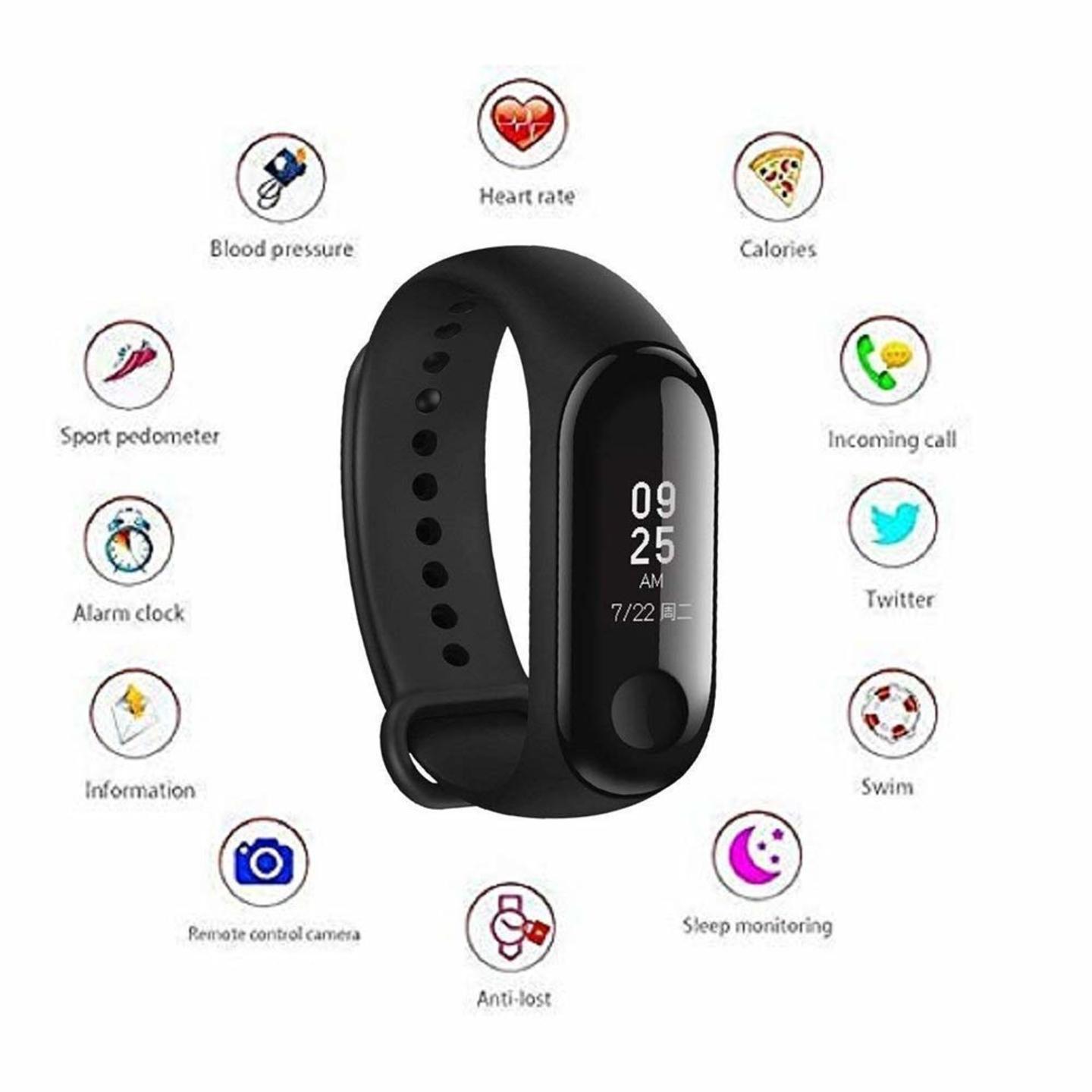 M3 Intelligence Bluetooth Smart Watch Health Wrist Band/Activity Tracker/Smart Fitness Band Compatible for All Androids and iOS Phone/Tablet (Black)