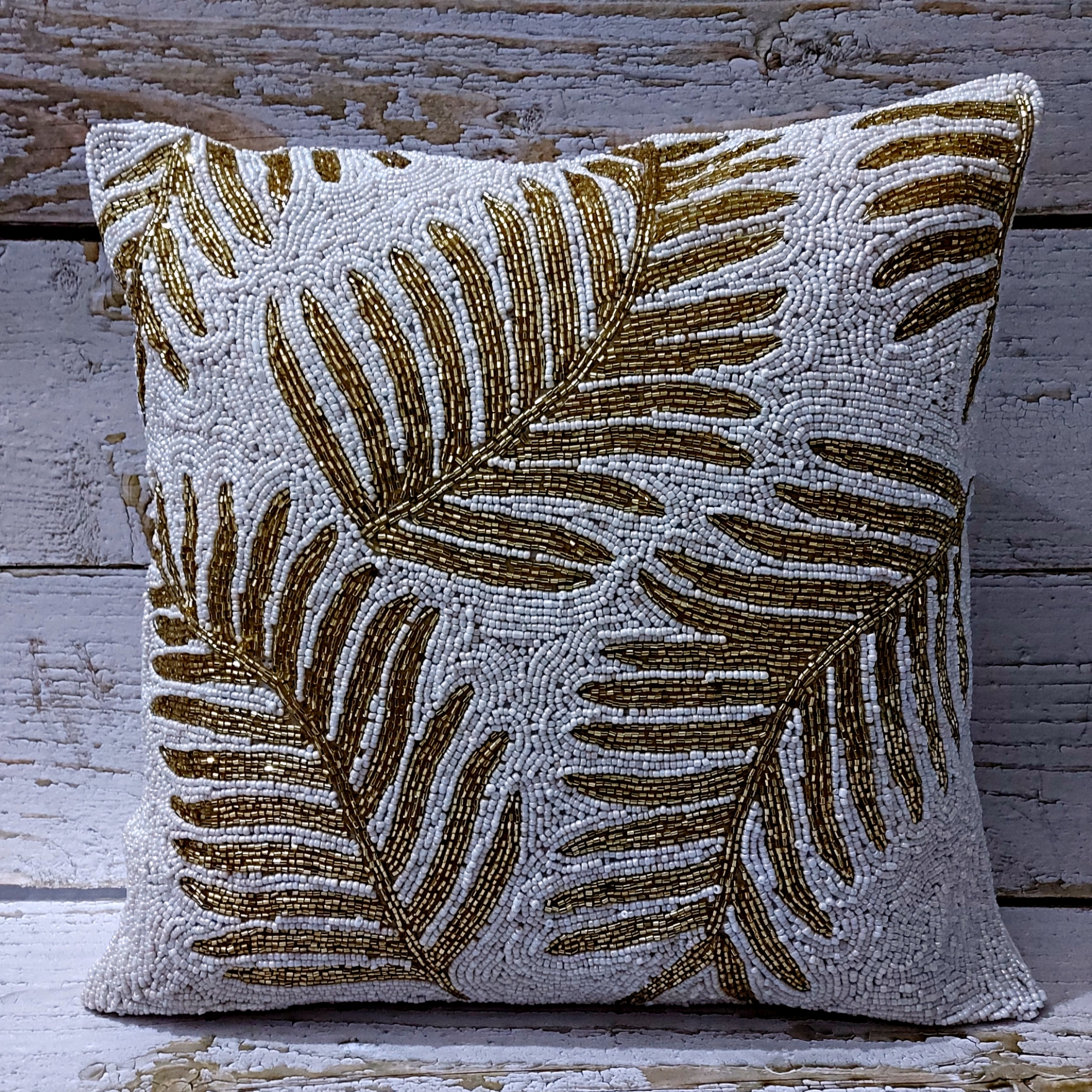 Golden Leaf Beaded Cushion Cover