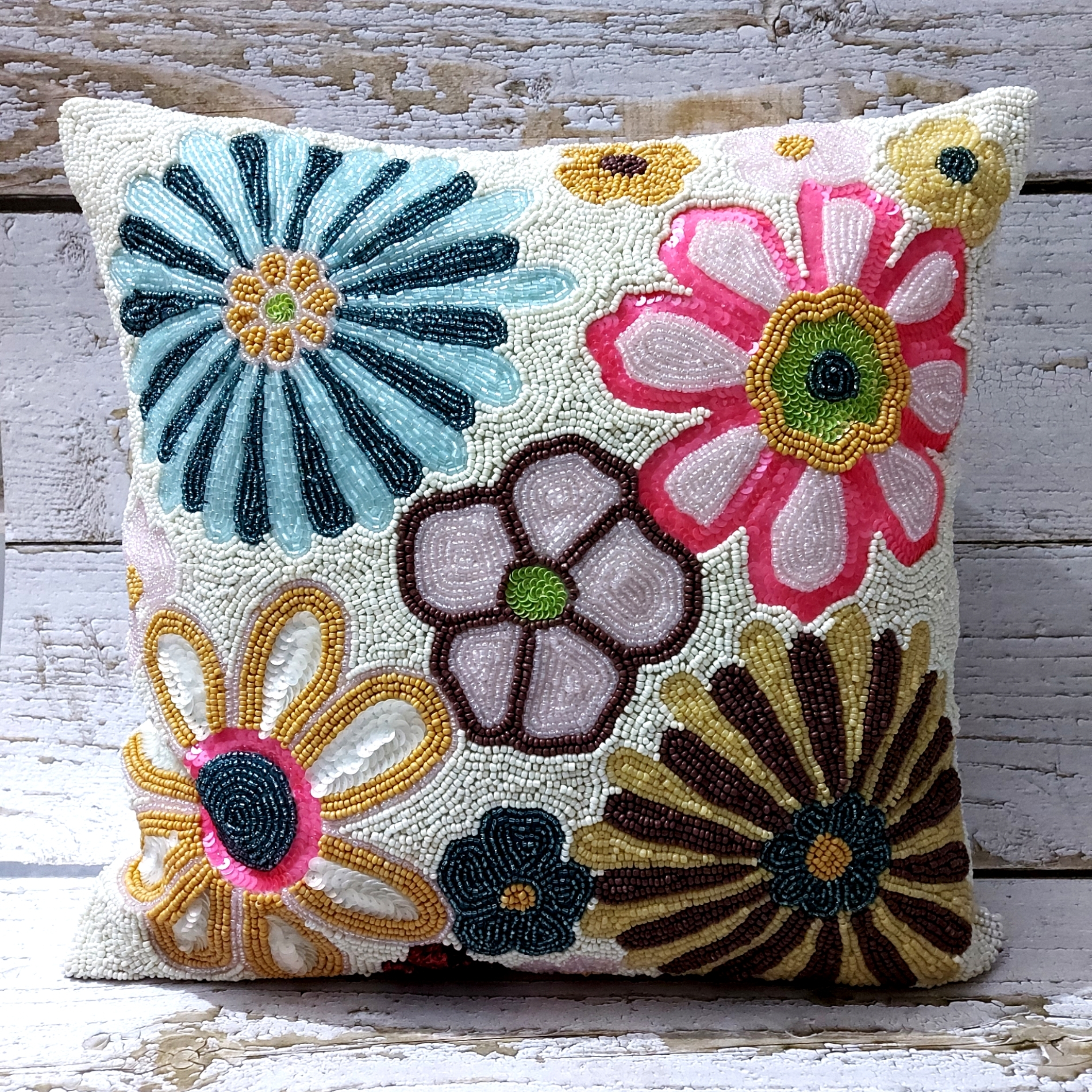 Multi Flower Beaded Cushion Cover