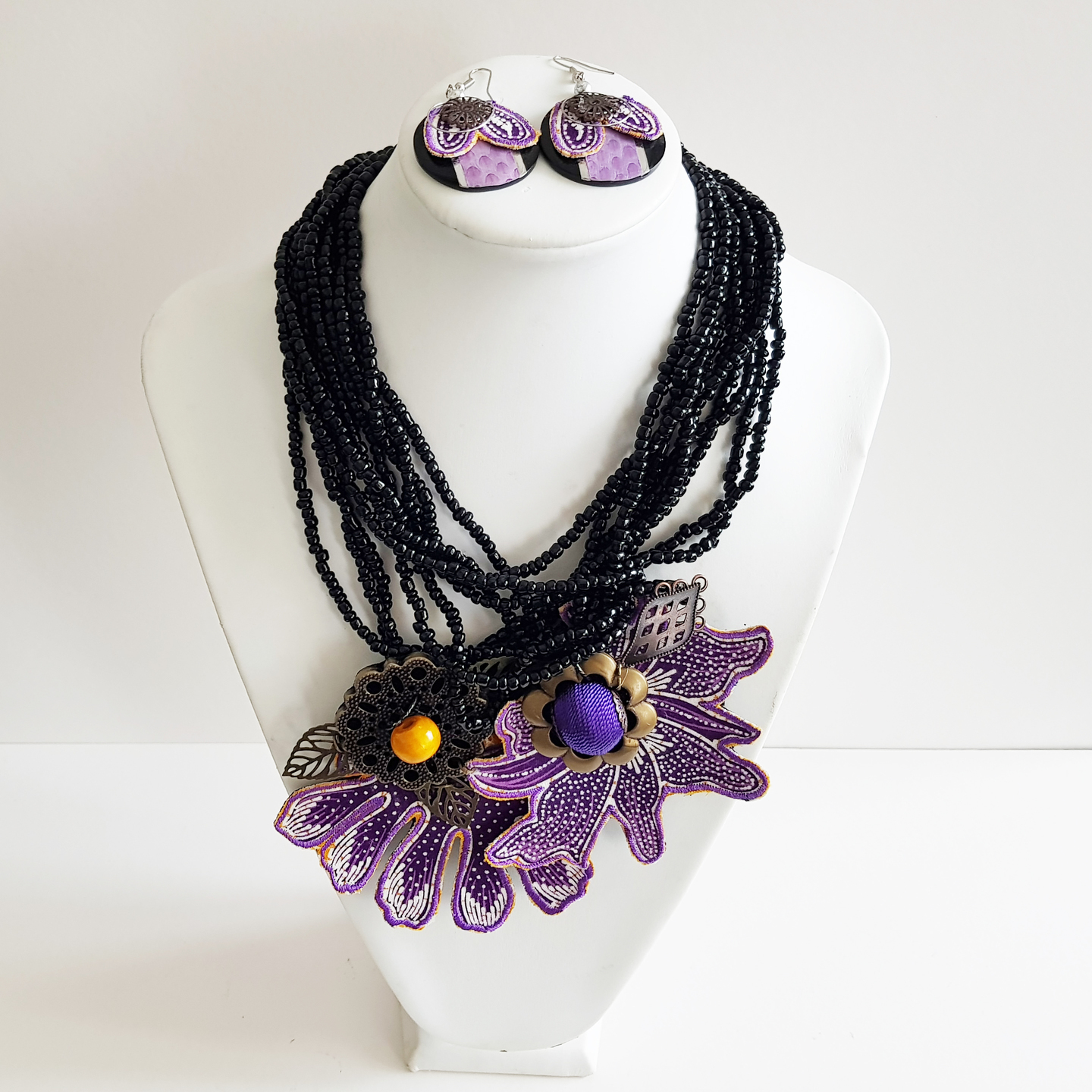 Embroidered Purple Flowers Batik Necklace with Purple Earrings