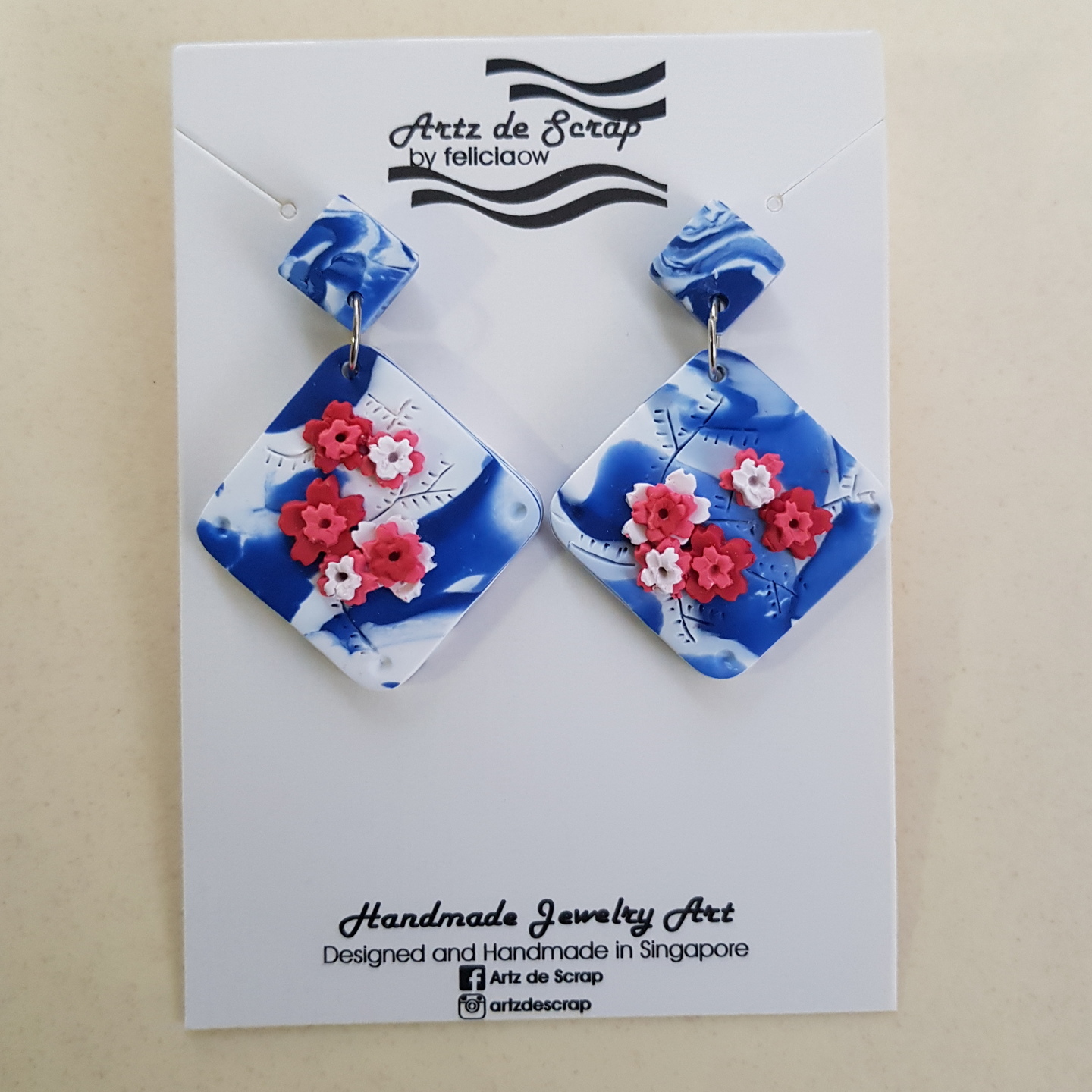 Spring Blossoms - Marbled Pink Square Tile Earrings