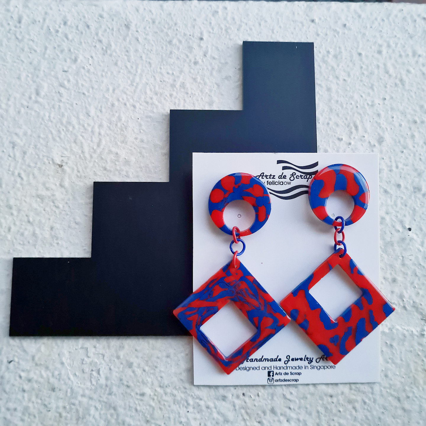Perfectly Imperfect - Red and Blue Statement Square Dangle Earrings
