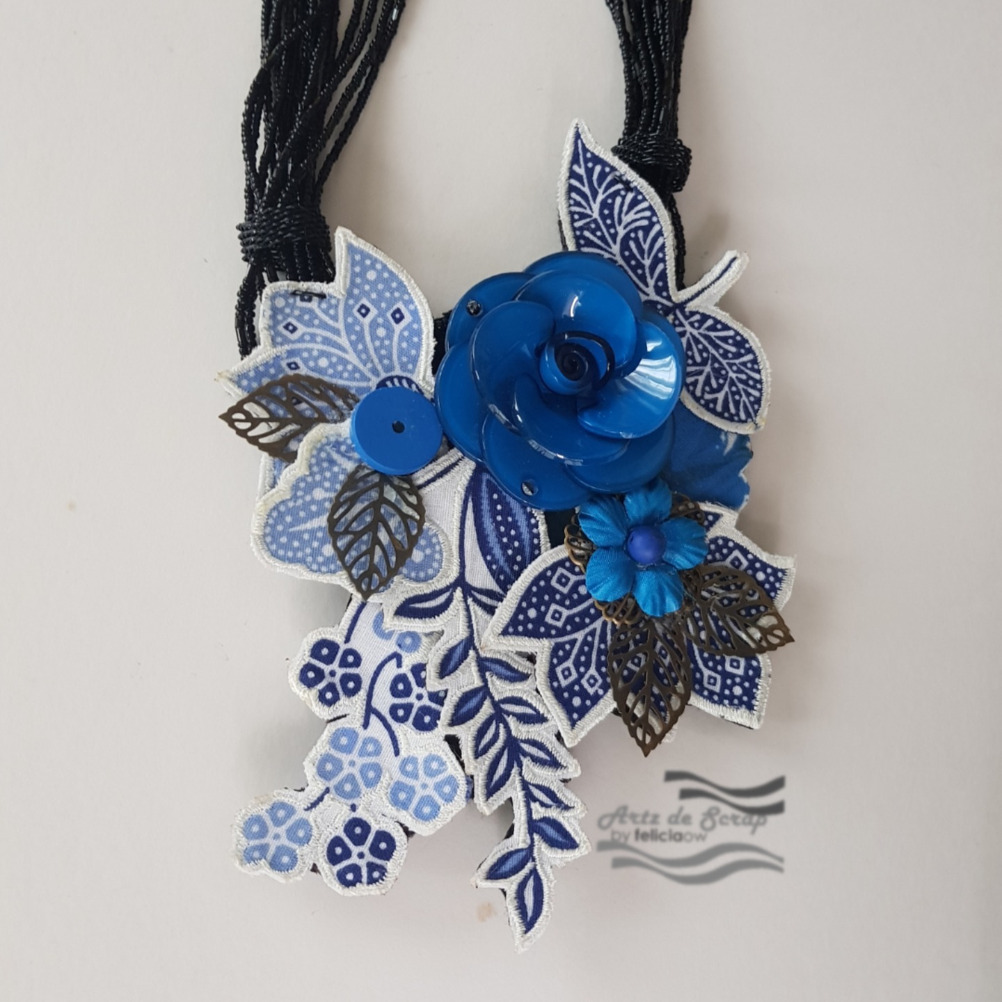 Embroidered Blue Flowers and Leaves Layered Batik Necklace