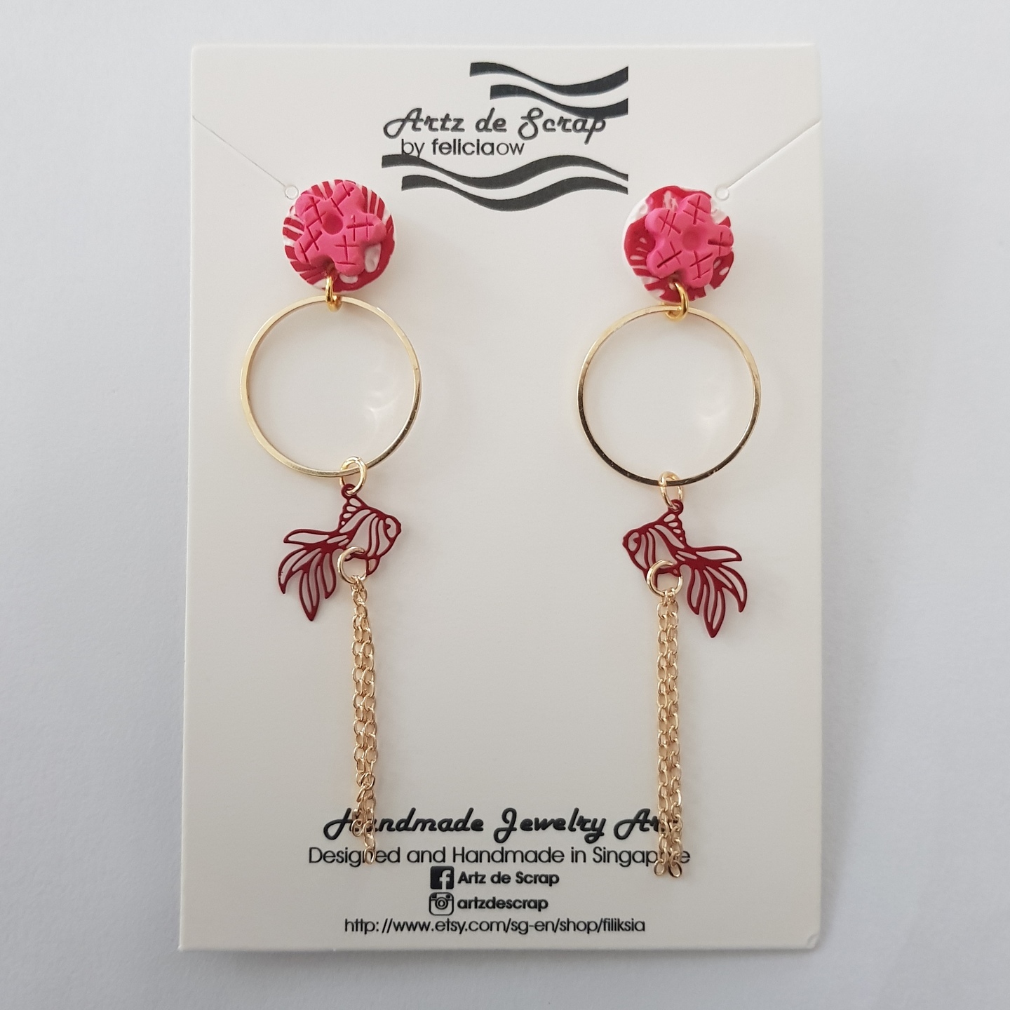 Oriental Paper Art - 年年有鱼Fish Dangle Earrings Textured Top - 1