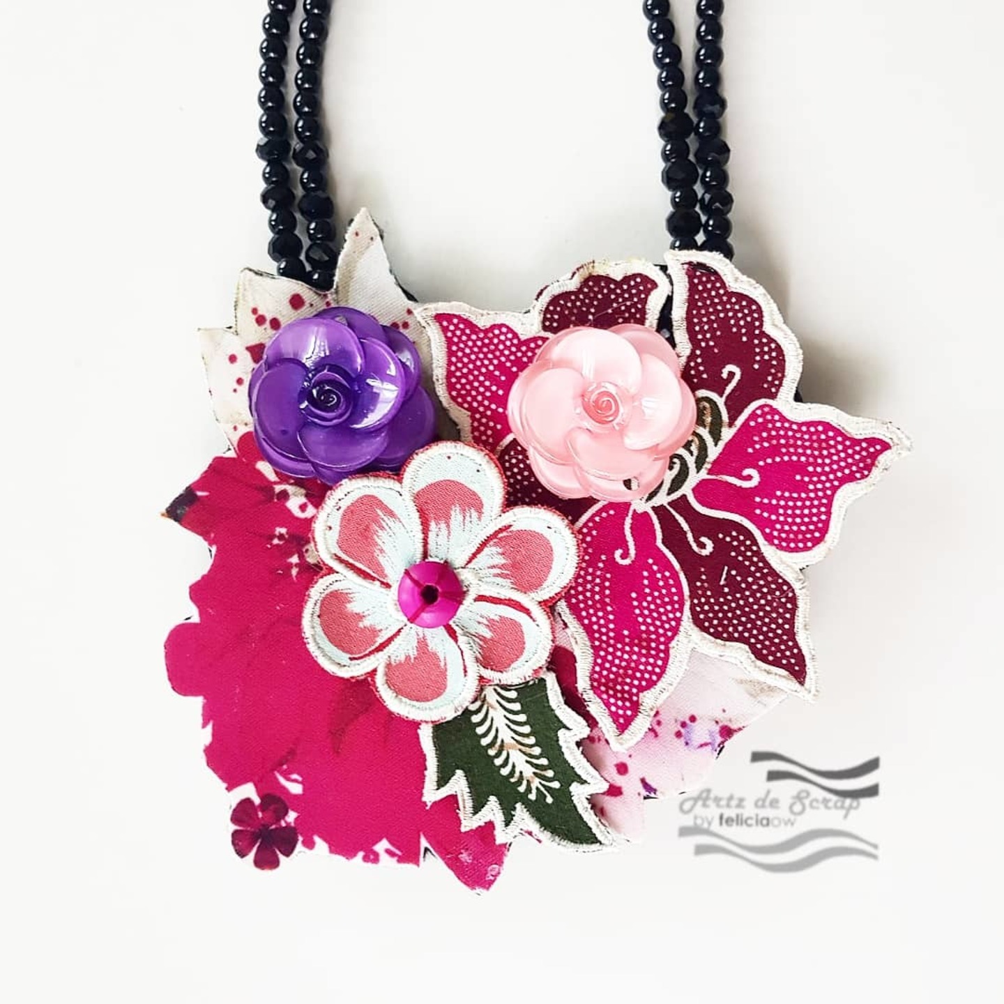 Embroidered Red and Pink Layered Batik with Purple, Pink Flowers Necklace