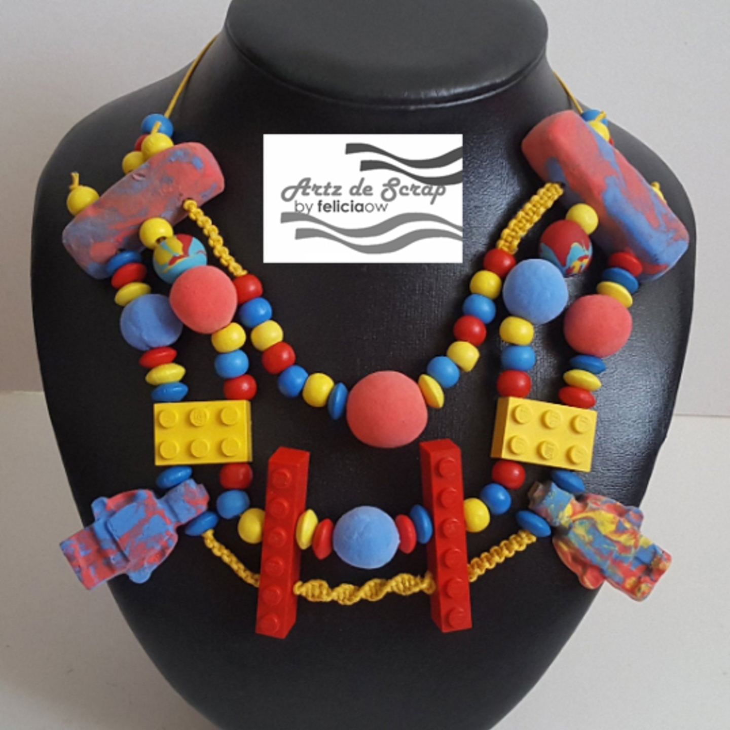 Coloured Bricks Mixed Media Necklace - Blue, Yellow, Red