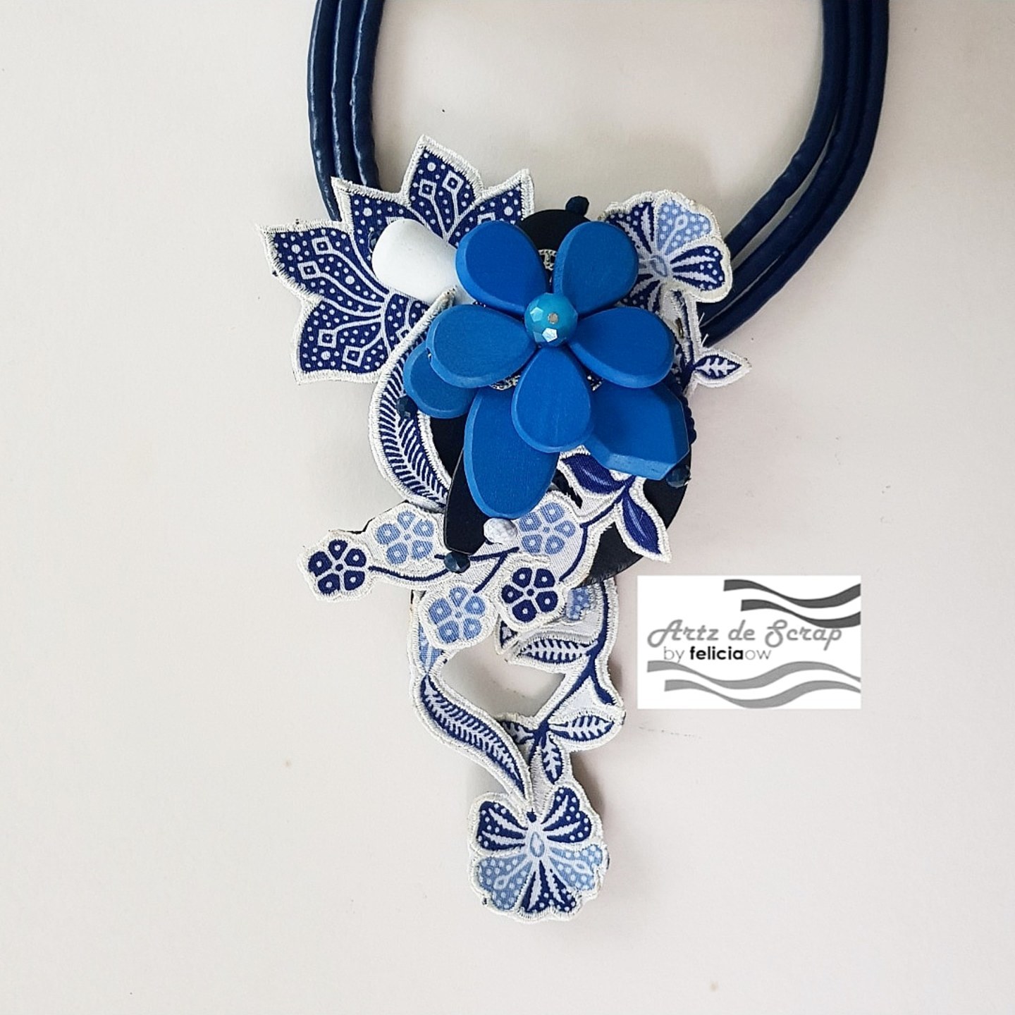 Embroidered Blue and White Layered Batik with Blue Wooden Flower Necklace