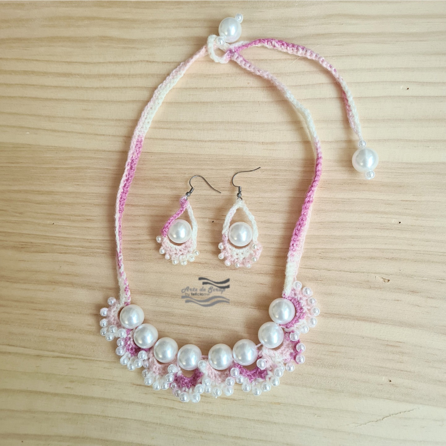 Crochet Pink and White Necklace and Earrings