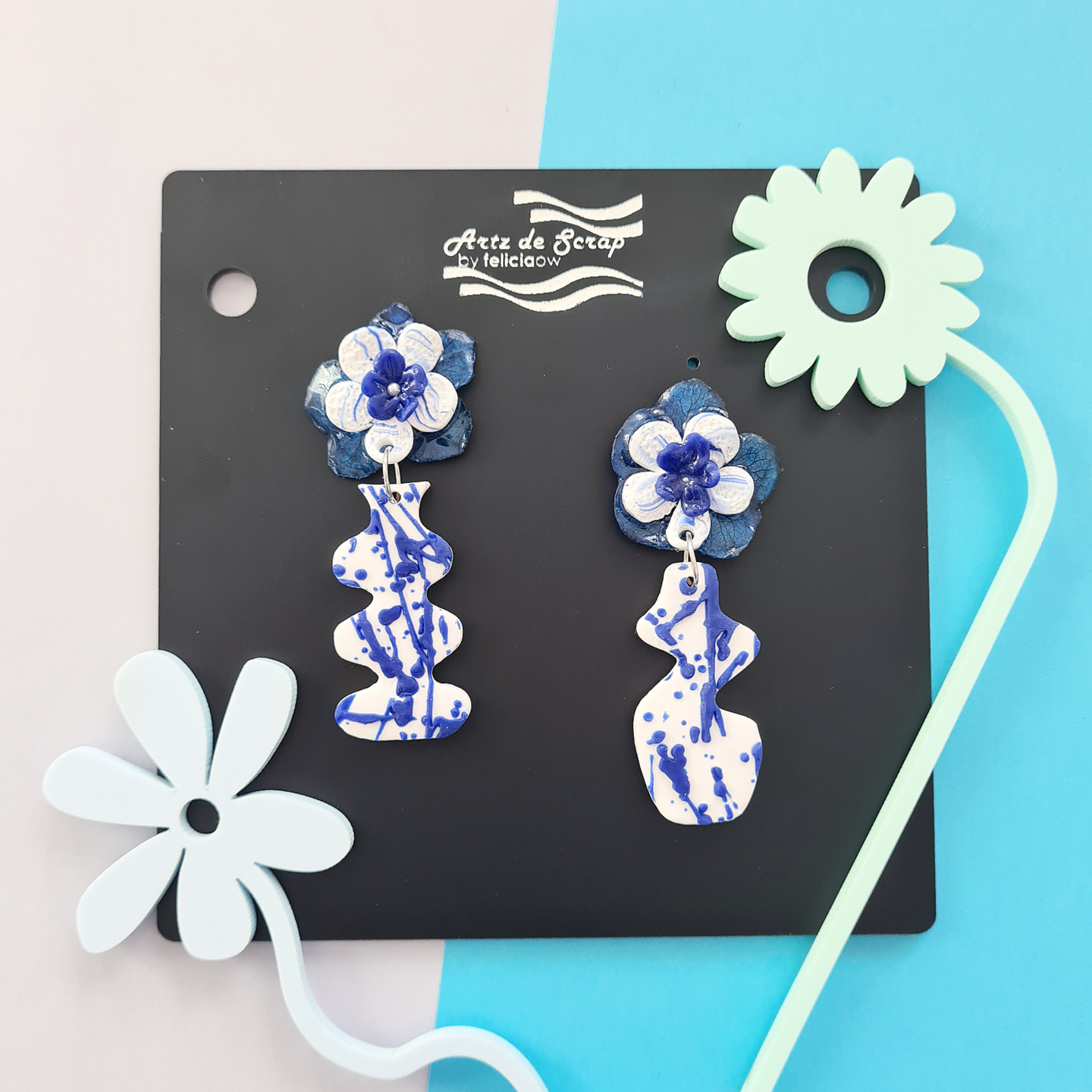 Valentine's - Blue Flowers with Splatter Vase Dangle Earrings - 2