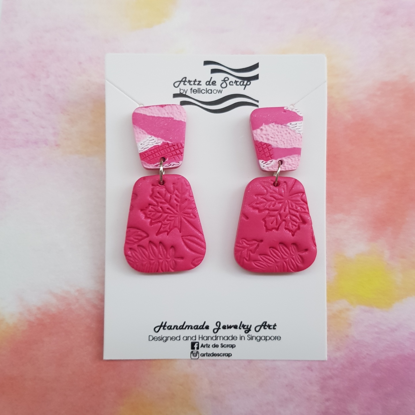 Sweet Pink Terrain - Trapezoid Embossed  Earrings