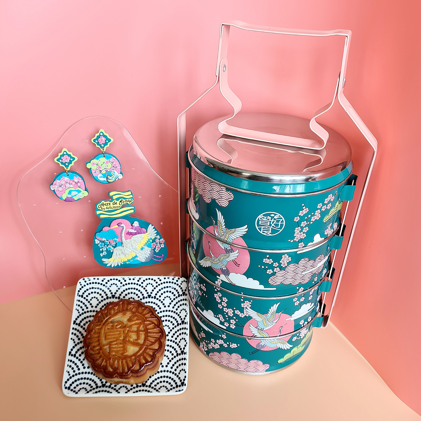 Tsuru Collection  - Tsuru Round Sakura Dangle Earrings + Tsuru Combo Mooncakes