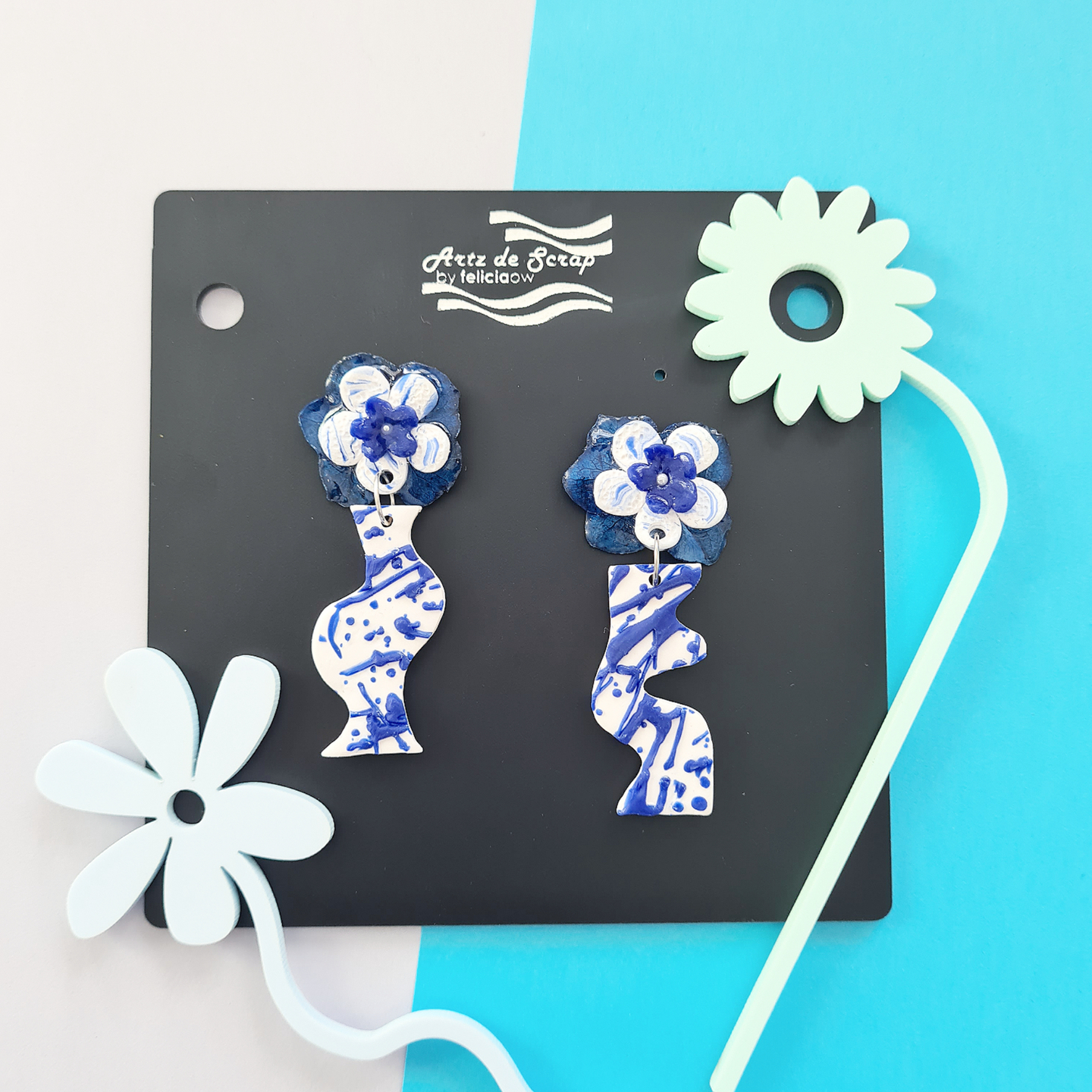 Valentines - Blue Flowers with Splatter Vase Dangle Earrings - 1