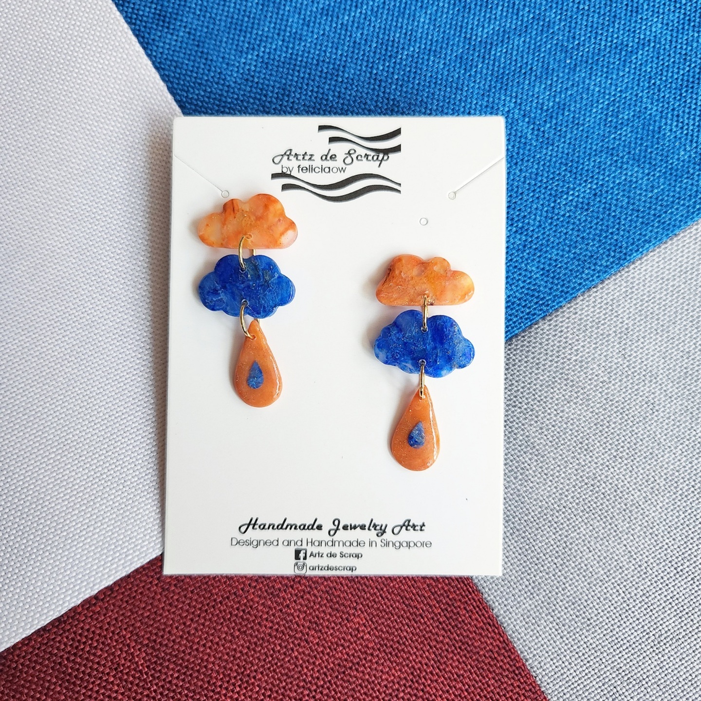 Faux Gemstones - Orange and Blue Clouds and Raindrop Dangle Earrings