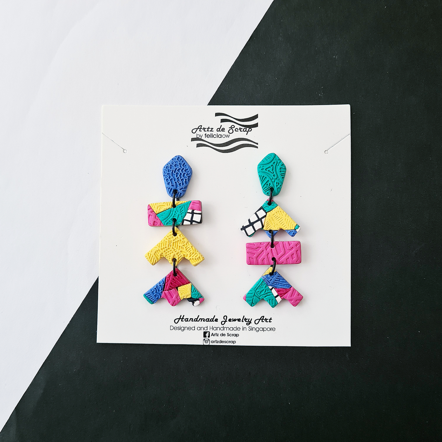 Patchwork Pop - Statement Geometric Mismatched Dangle Earrings Colourful