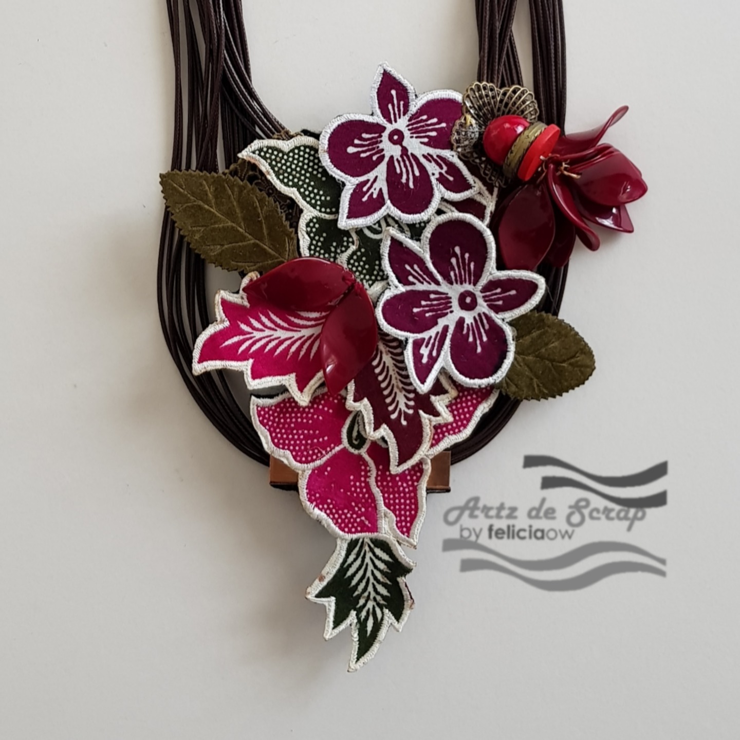 Embroidered Maroon Orchids and Pink Layered Batik with Maroon Flower Necklace