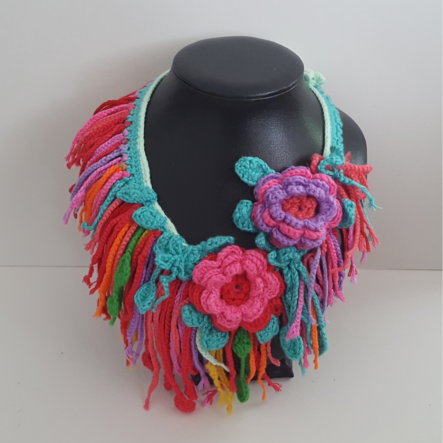 Colourful Dangling Yarns Crochet Flower Necklace