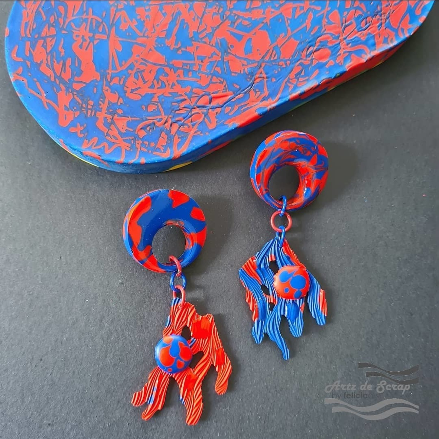 Perfectly Imperfect - Red and Blue Statement Coral Dangle Earrings - 1