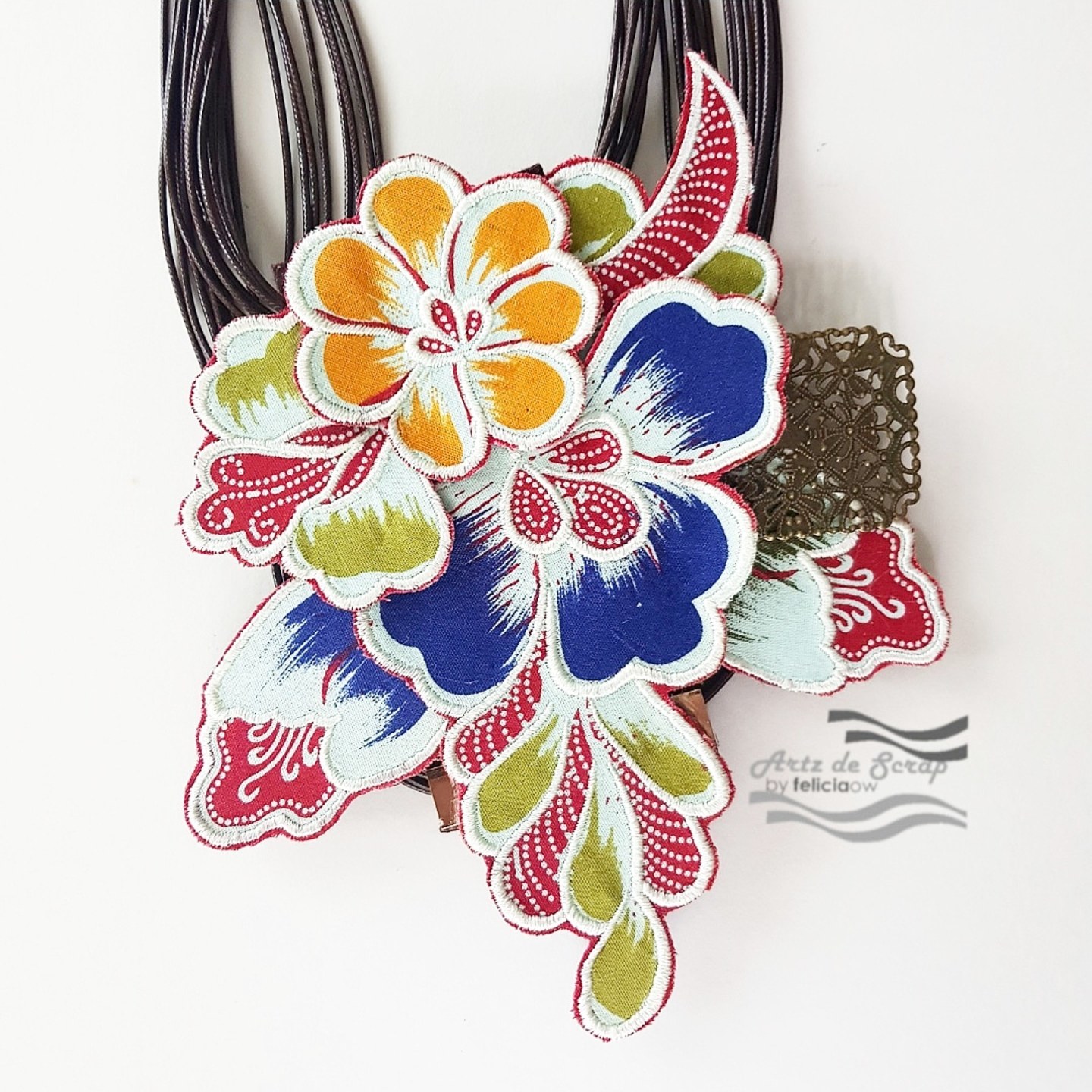 Embroidered Blue and Orange Layered Batik Flowers Necklace