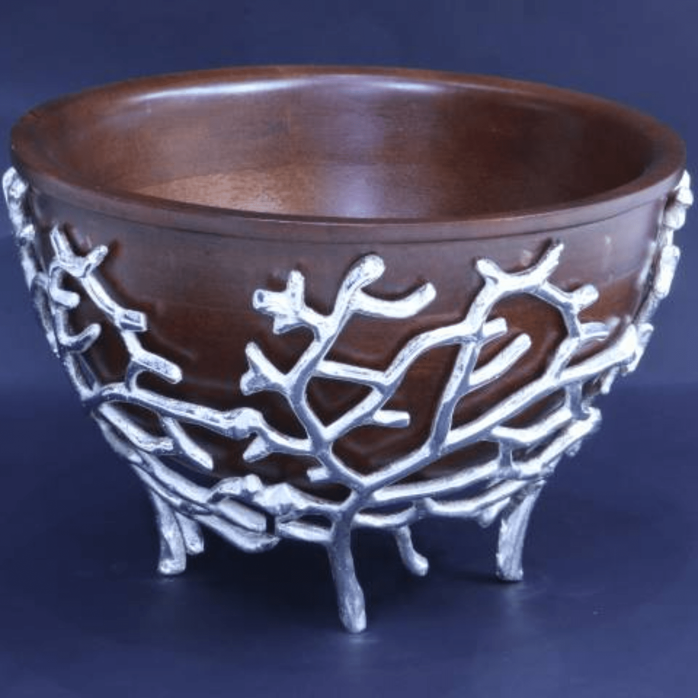 Silver Jali Base Wooden Bowl