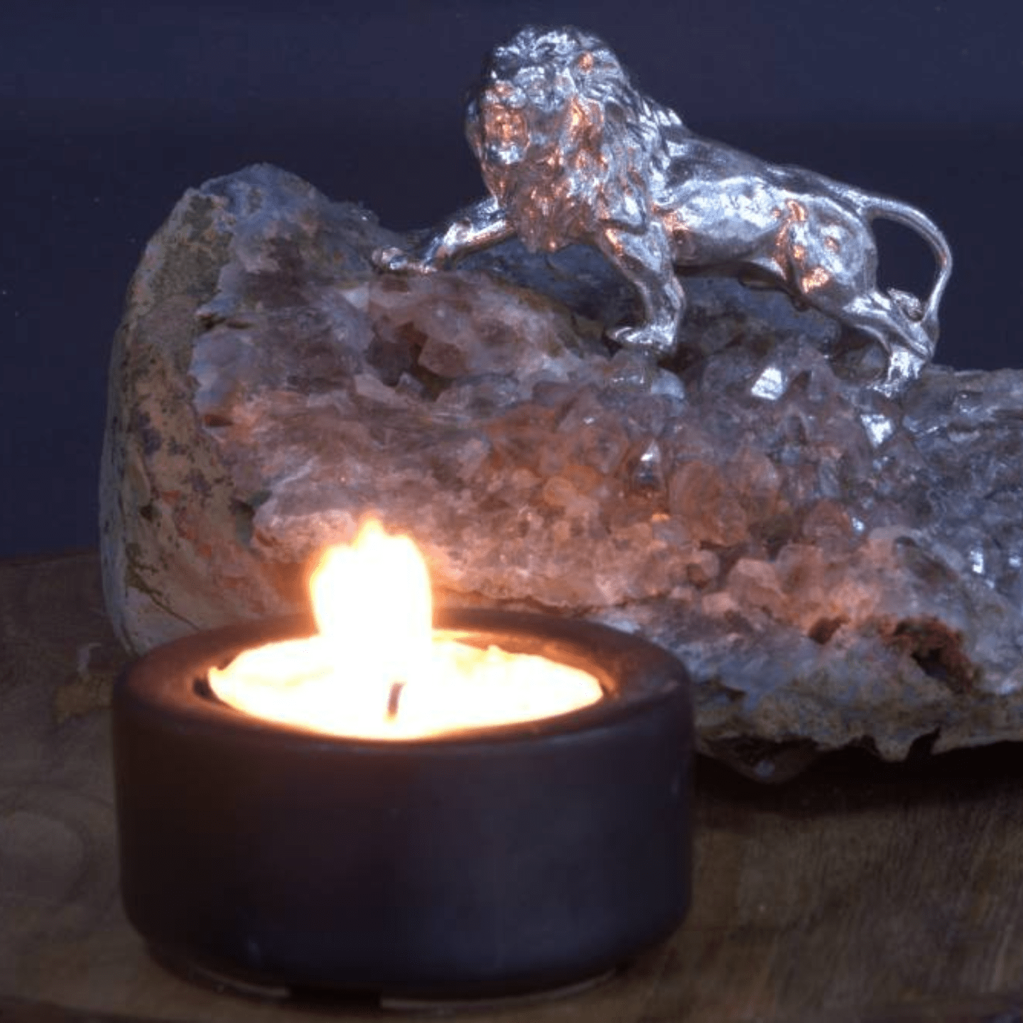 Lion On Wooden Platform With Amethyst