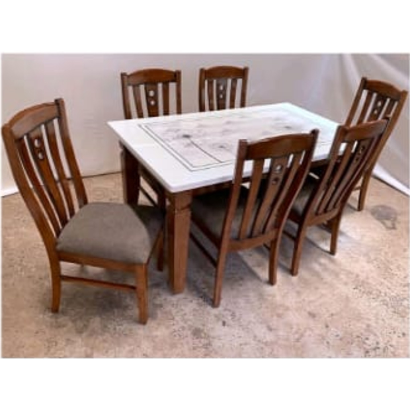 DW Marble Top H-008 Six Seater Dining Table Set in Brown Colour