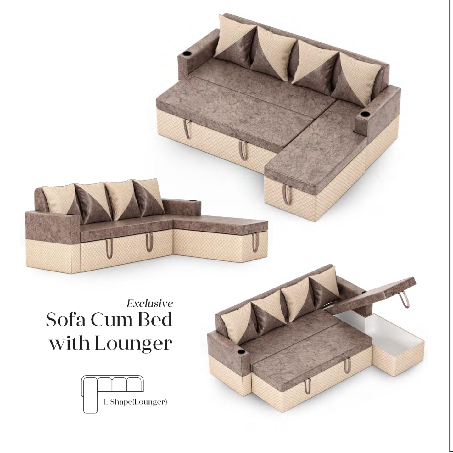 RLF Corner Sofa Cam Bed With Lounger In Brown & Cream Colour