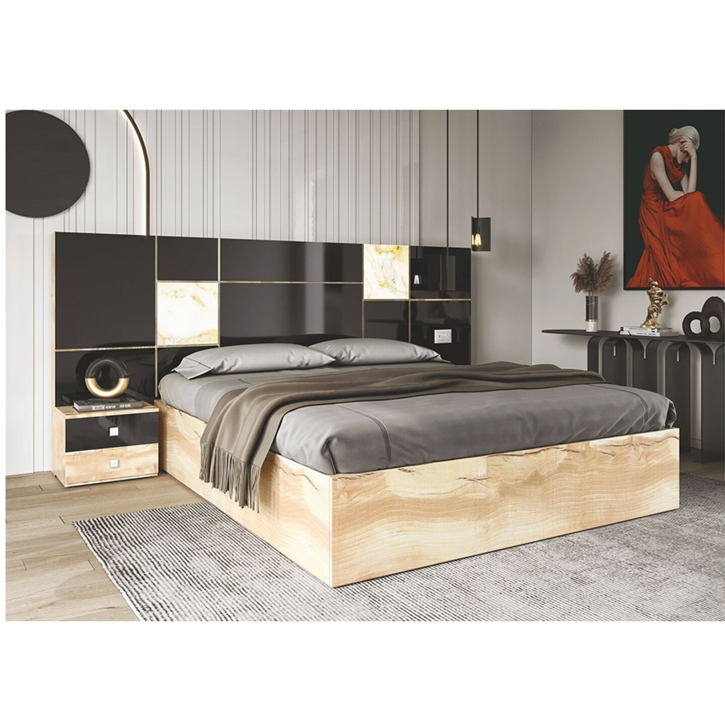 RLF King Size Bed 78"x72" Aspre Bed With Side Box In Brown Colour