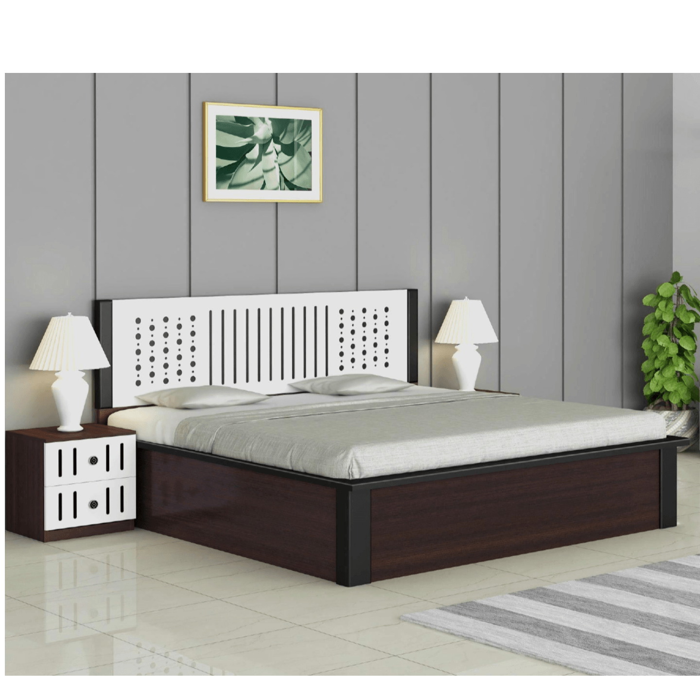 HS Queen Size Bed With Box Eritge In Dark Brown Colour
