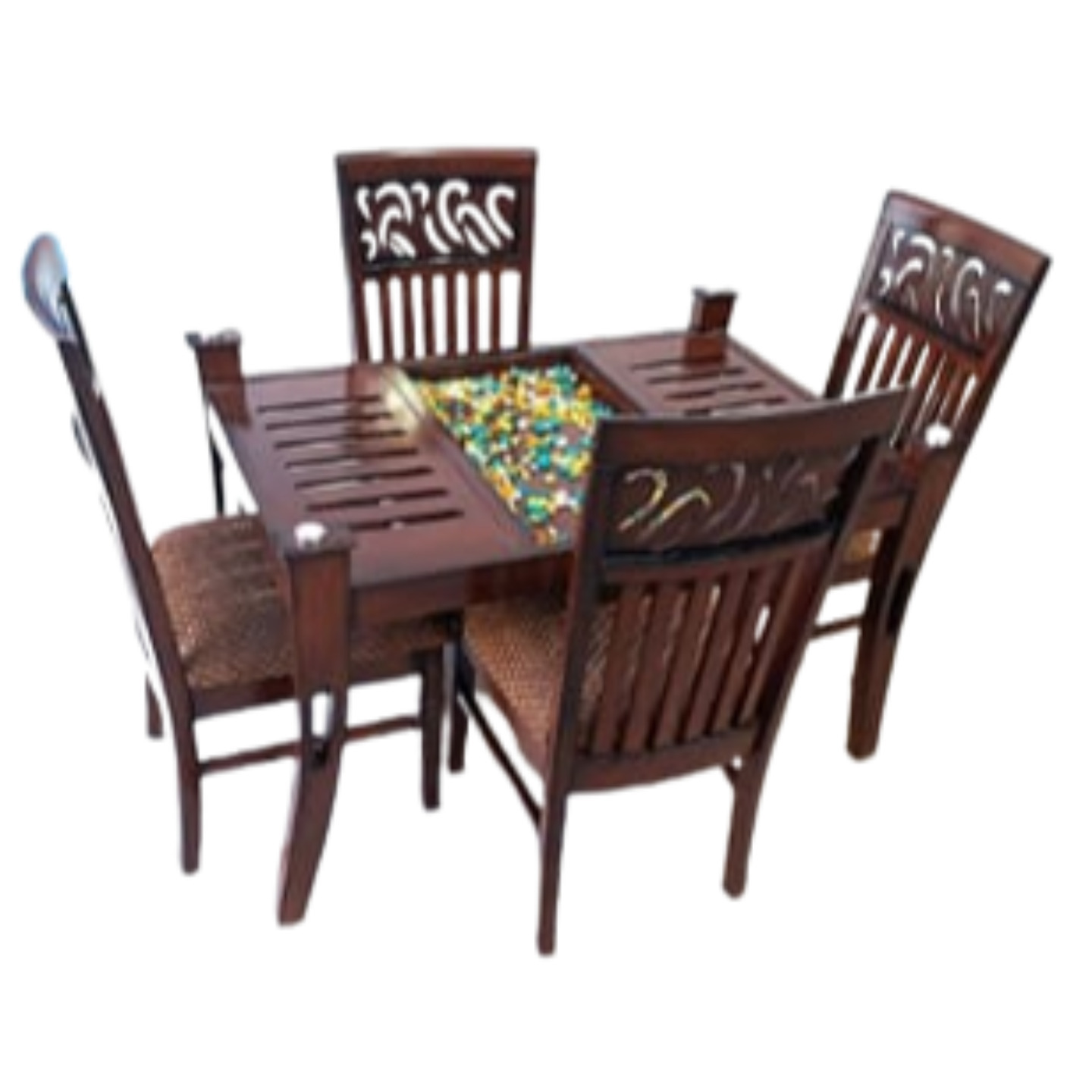 DW Glass Top L-016 Caeving Four Seater Dining Table Set in Brown Colour