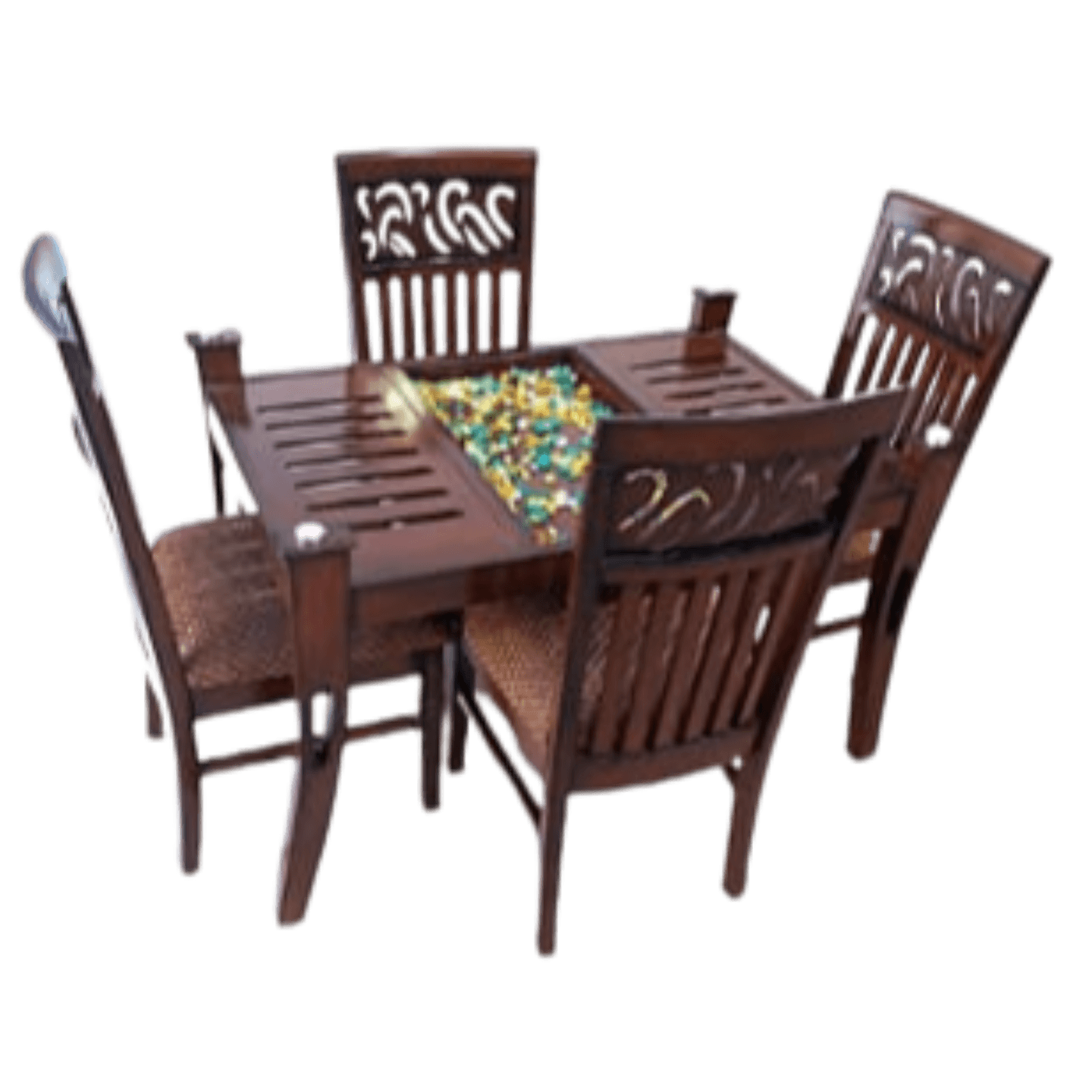 DW Glass Top L-016 Caeving Four Seater Dining Table Set in Brown Colour