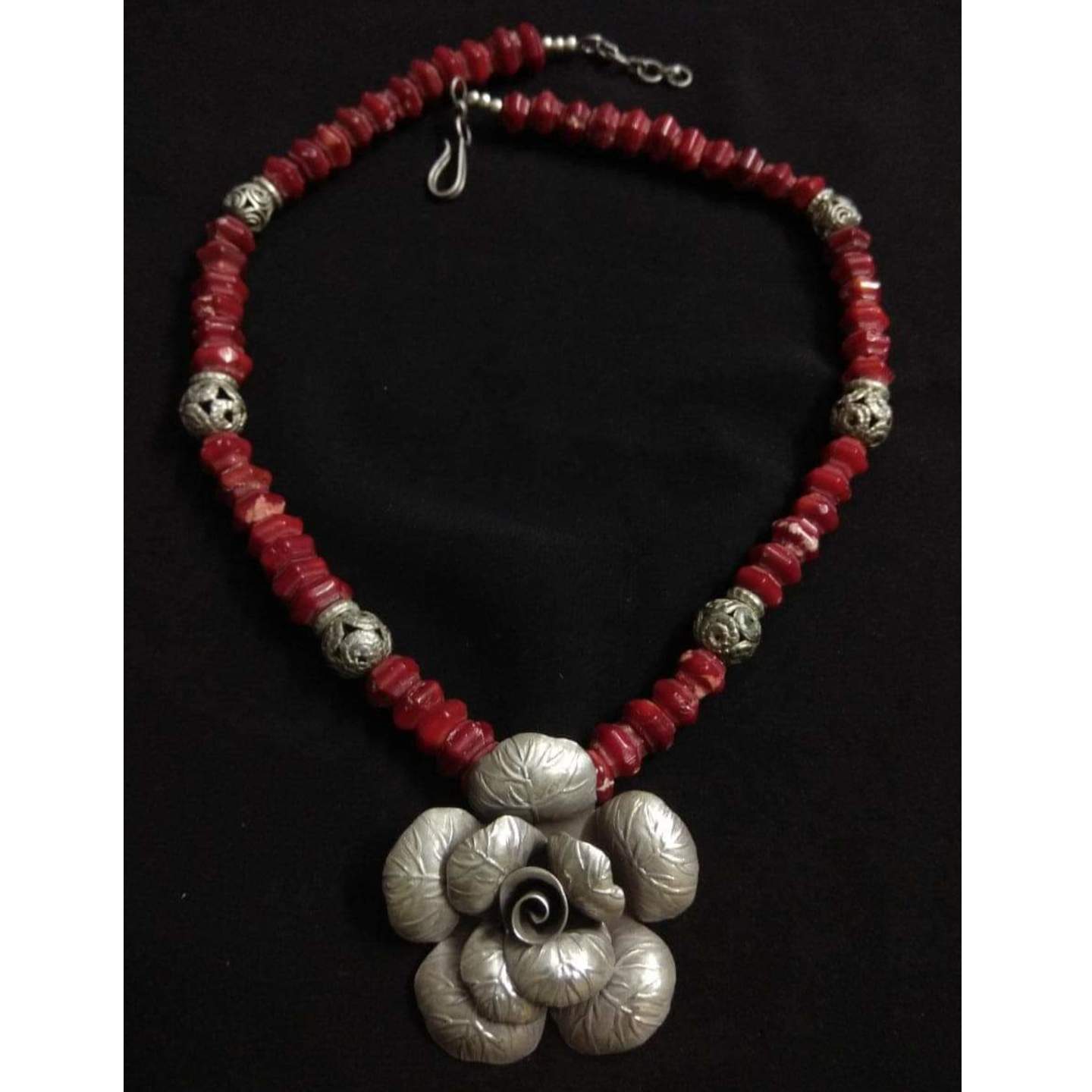 RED CORAL GEMSTONES SILVER NECKLACE-SN220