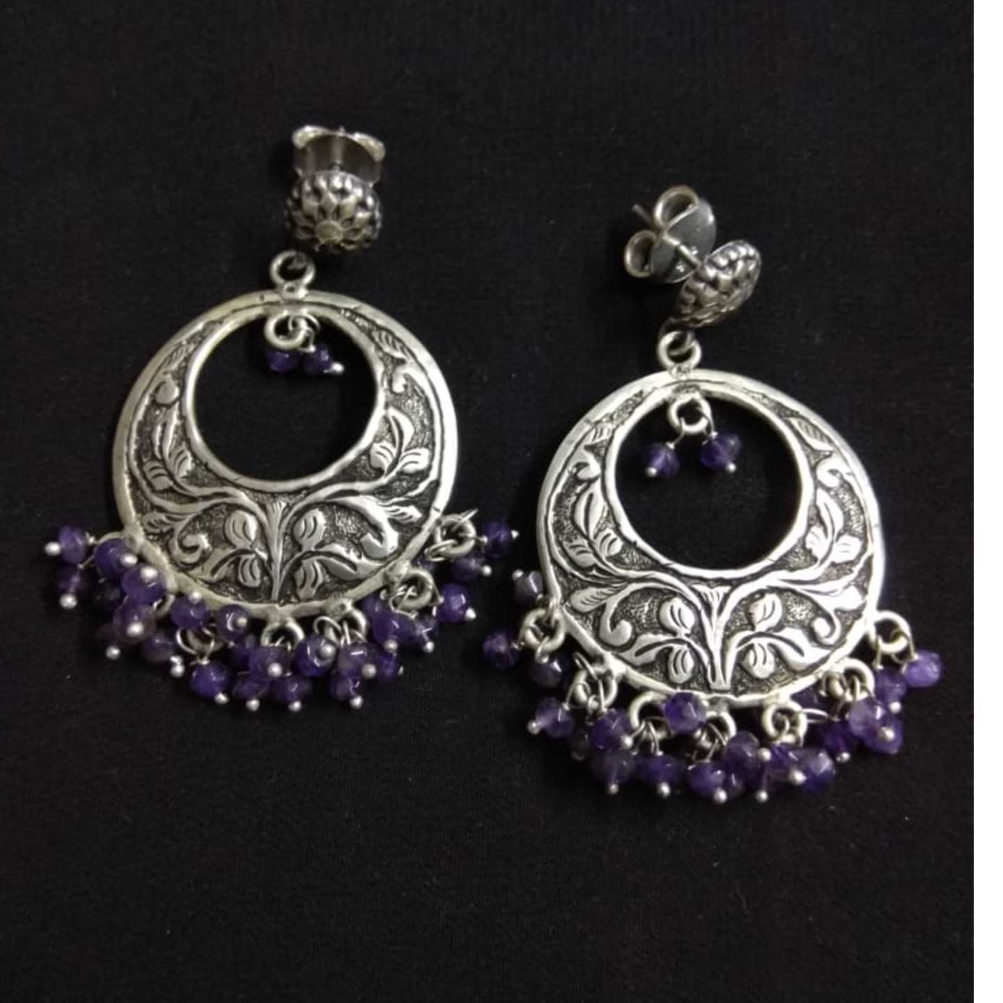 CHAITALI WORK WITH AMETHYST STONE SILVER EARRING-SE42046