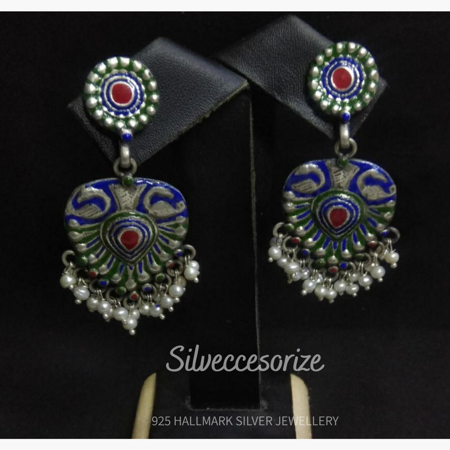 PEARL ENAMEL WORK SILVER EARRING-SE121147