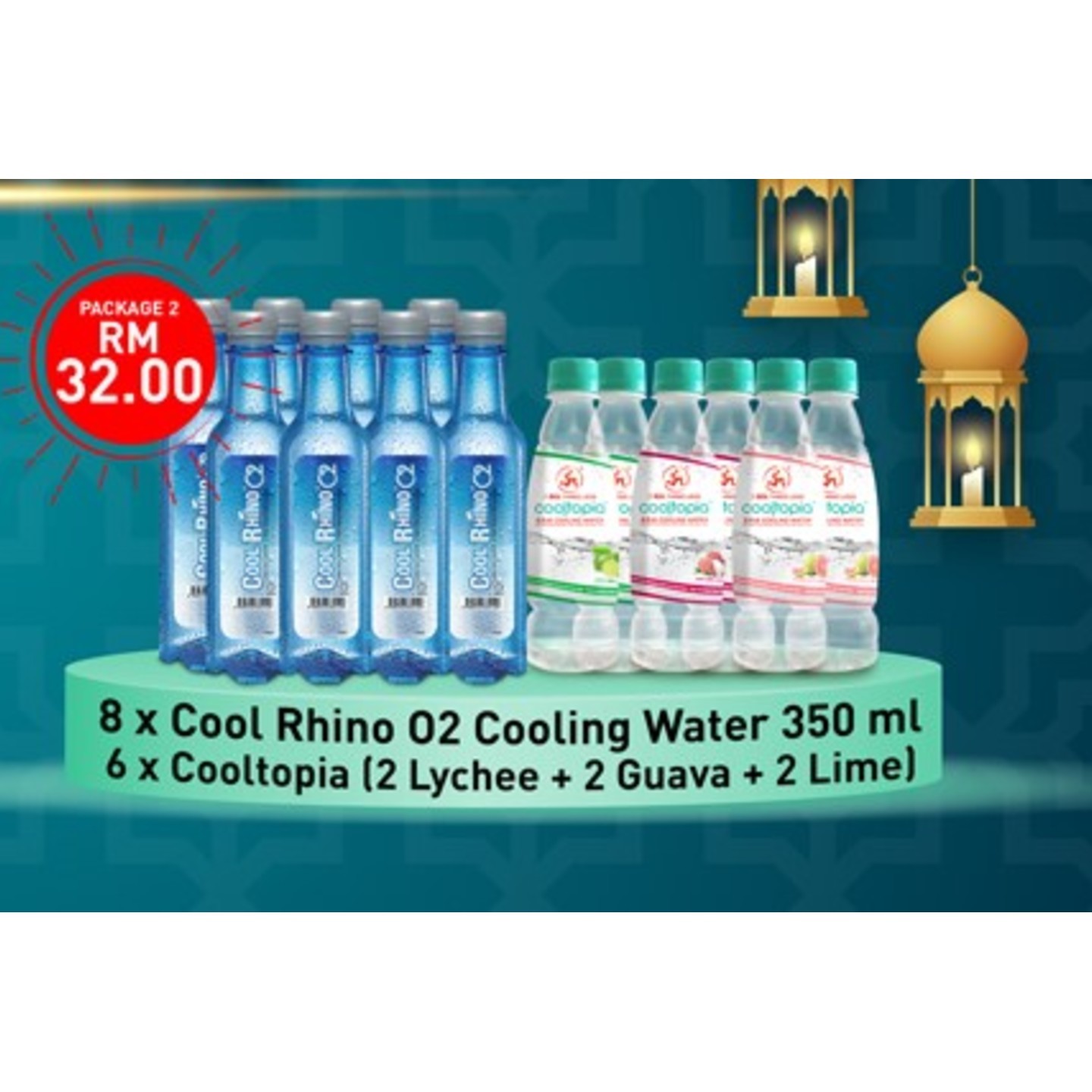 RAYA DEAL PACKAGE 2: COOL RHINO O2 COOLING WATER 350ML x 8 + COOLTOPIA COOLTOPIA (2 LYCHEE, 2 GUAVA, 2 LIME) 320ML X 6