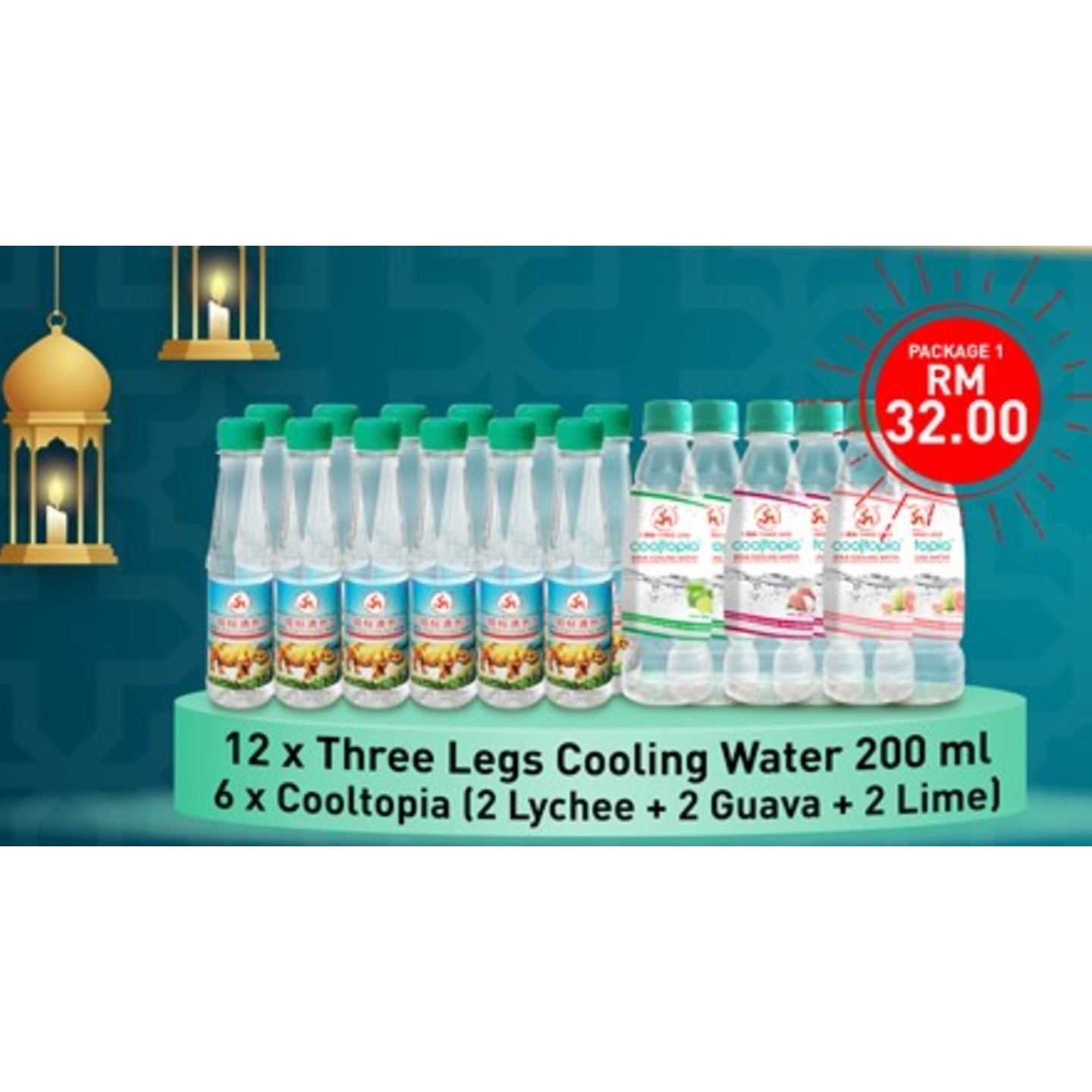 RAYA DEAL PACKAGE 1 THREE LEGS COOLING WATER 200ML X 12 + COOLTOPIA 2 LYCHEE, 2 GUAVA, 2 LIME 320ML X 6