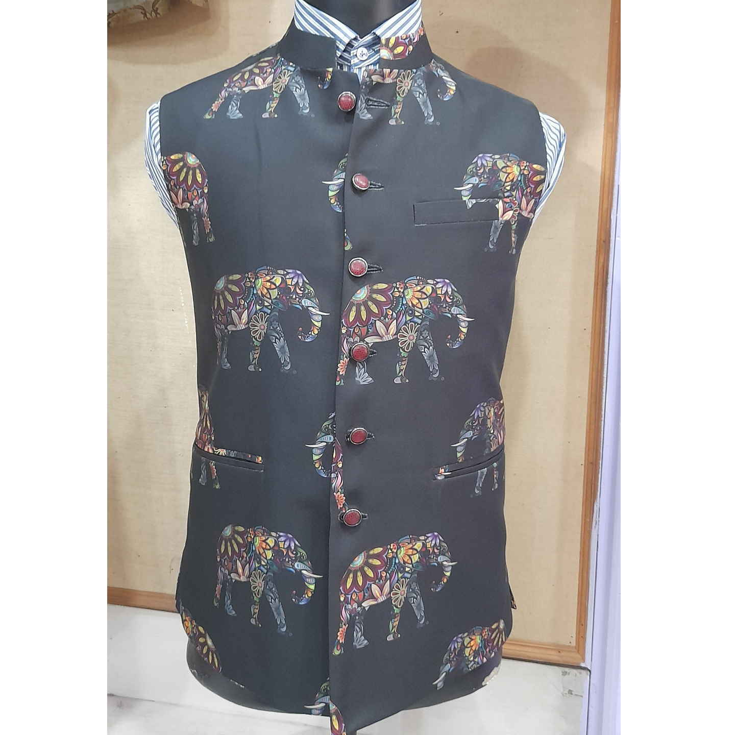 Elephant print  Silk Hand printed Modi jacket , Jodhpuri Jacket                                             Free shipping