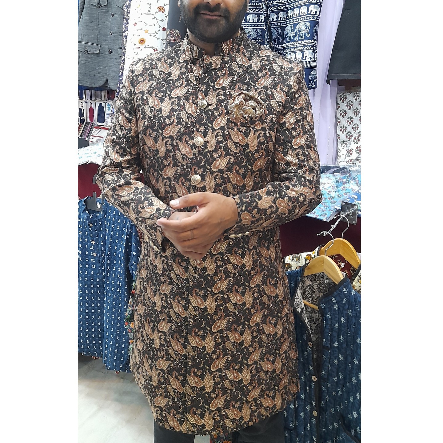 Silk Sherwani Hand printed Long  jacket , Jodhpuri Coat                                            Free shipping