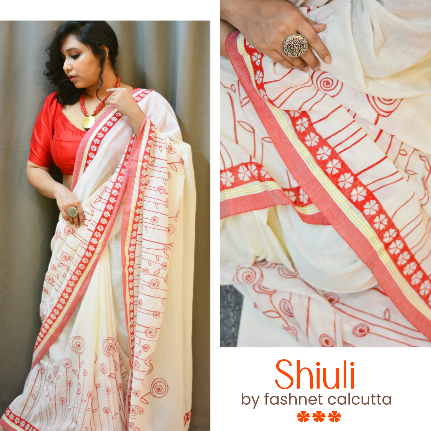 Shiuli Hand Block Cotton Saree For Durga Pujo