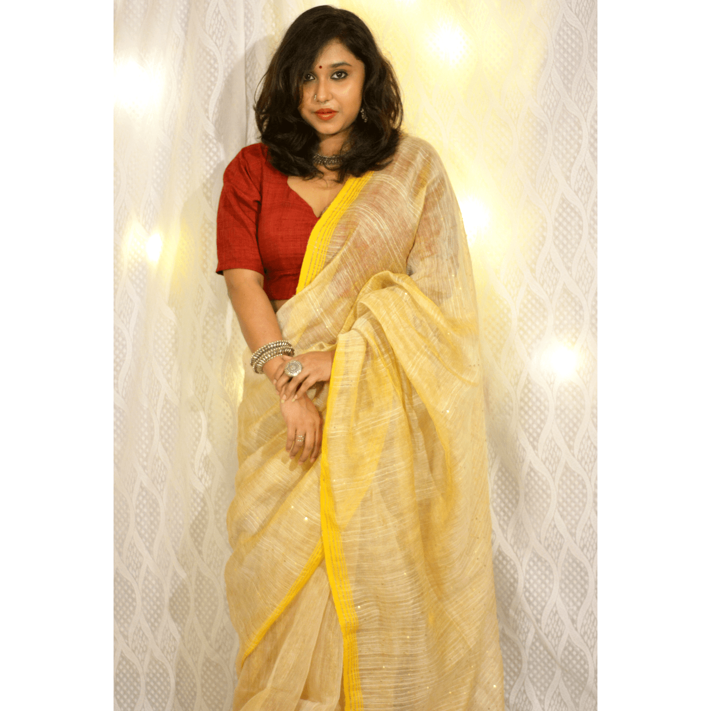 Athena - Woven Sequin on Zari Linen Saree