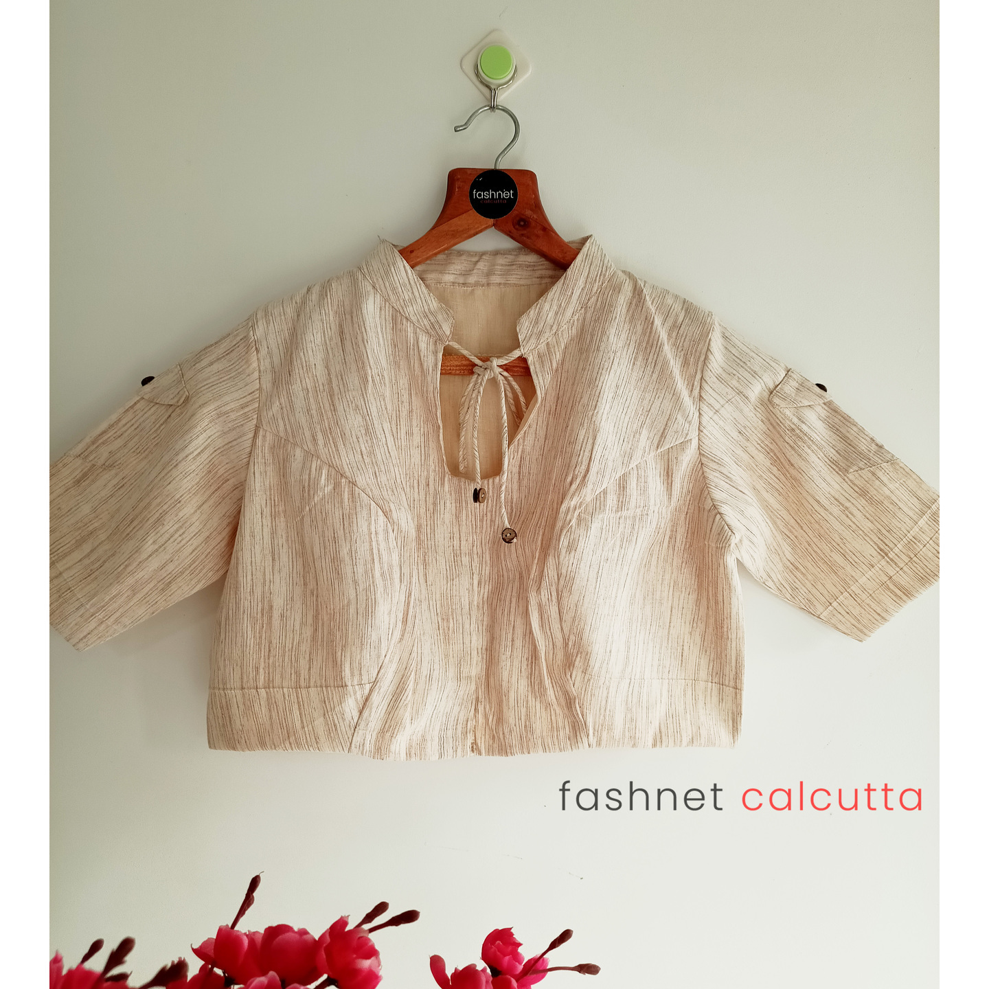 Light Beige Handwoven Textured Cotton Shirt Style Blouse