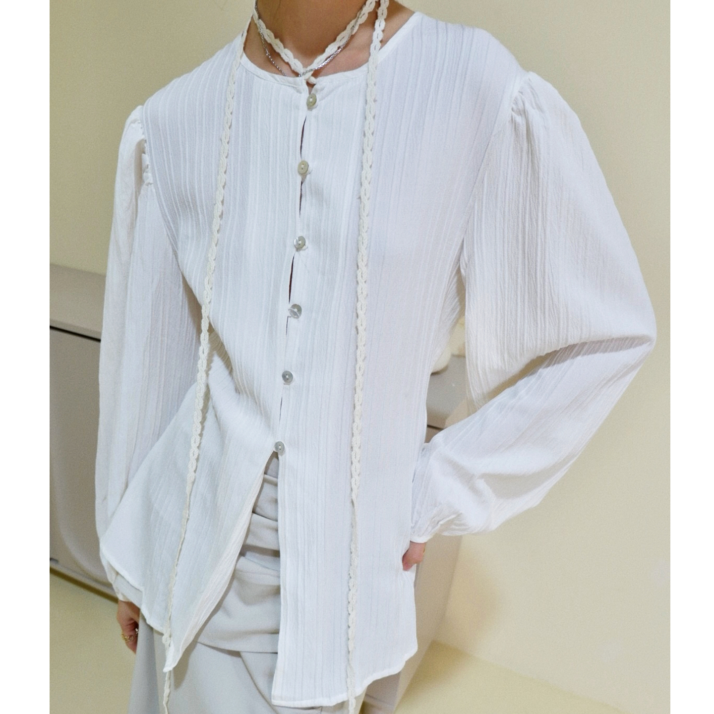 PLEATED SHIRT WITH TIE DETAILS, OYSTER WHITE