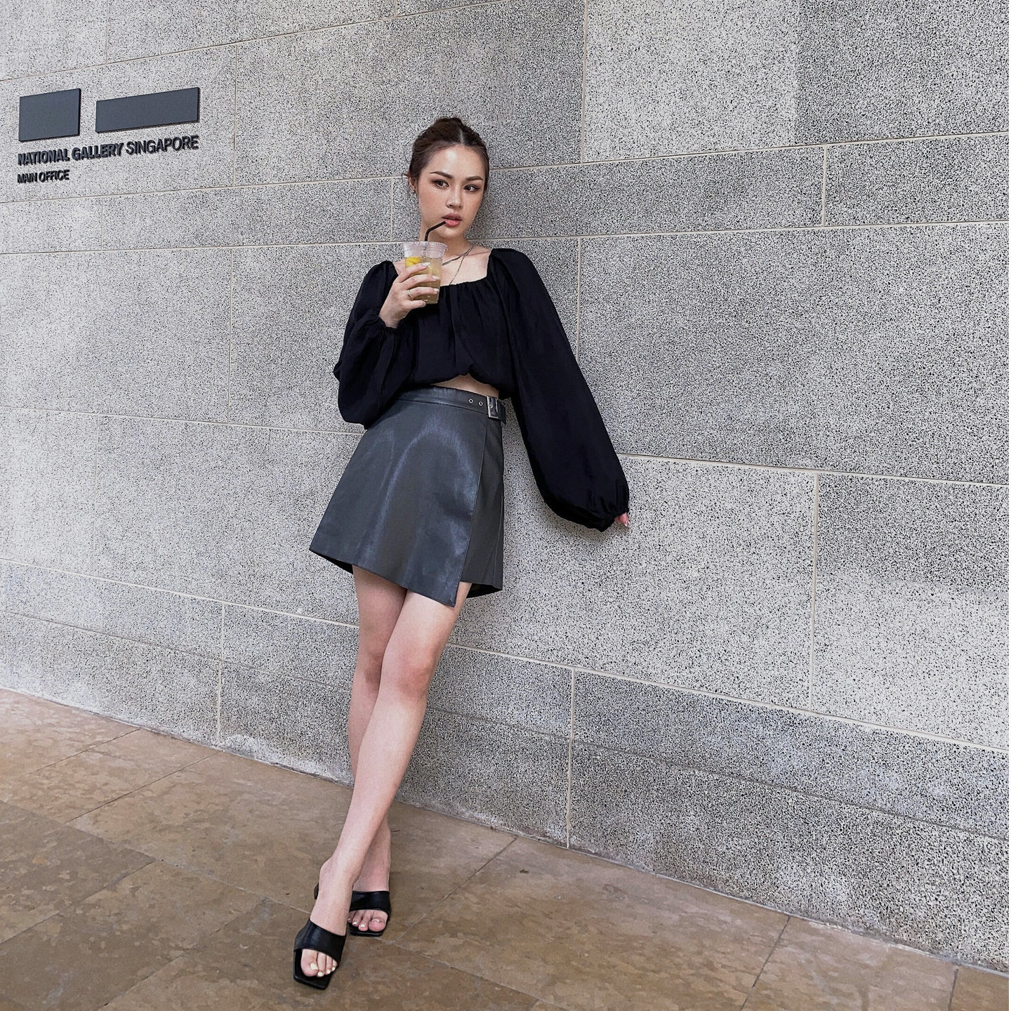 FAUX LEATHER LAYERED SKORT WITH BELT, GREY