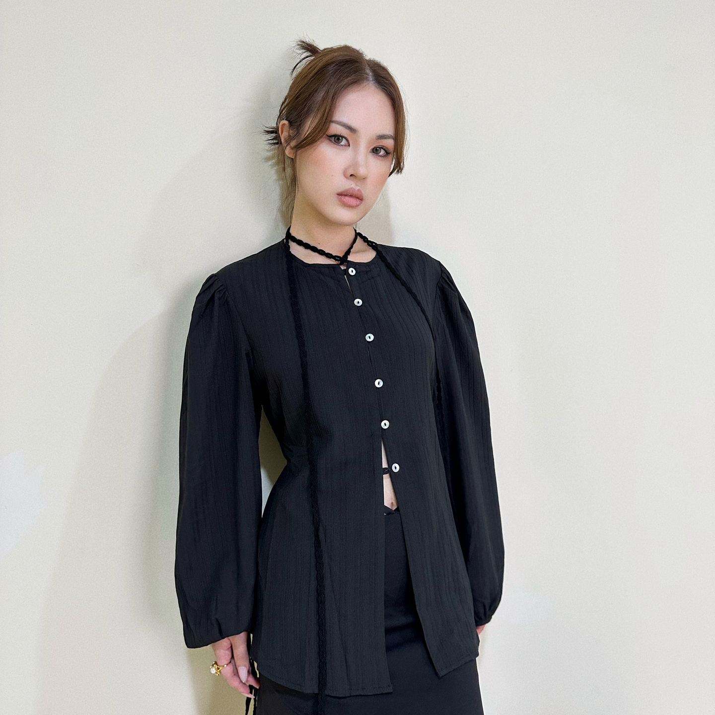 PLEATED SHIRT WITH TIE DETAILS, BLACK