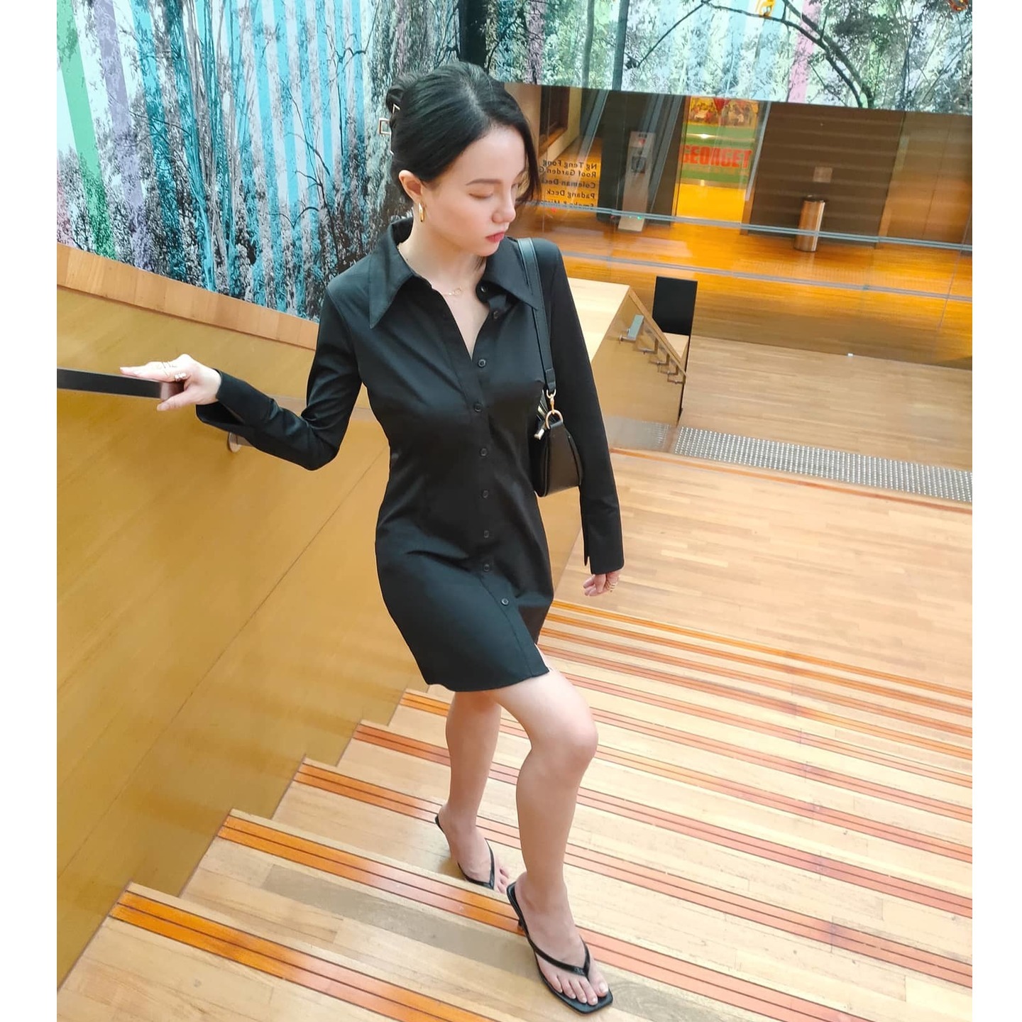BLACK TEA SMOCK BACK SHIRT DRESS