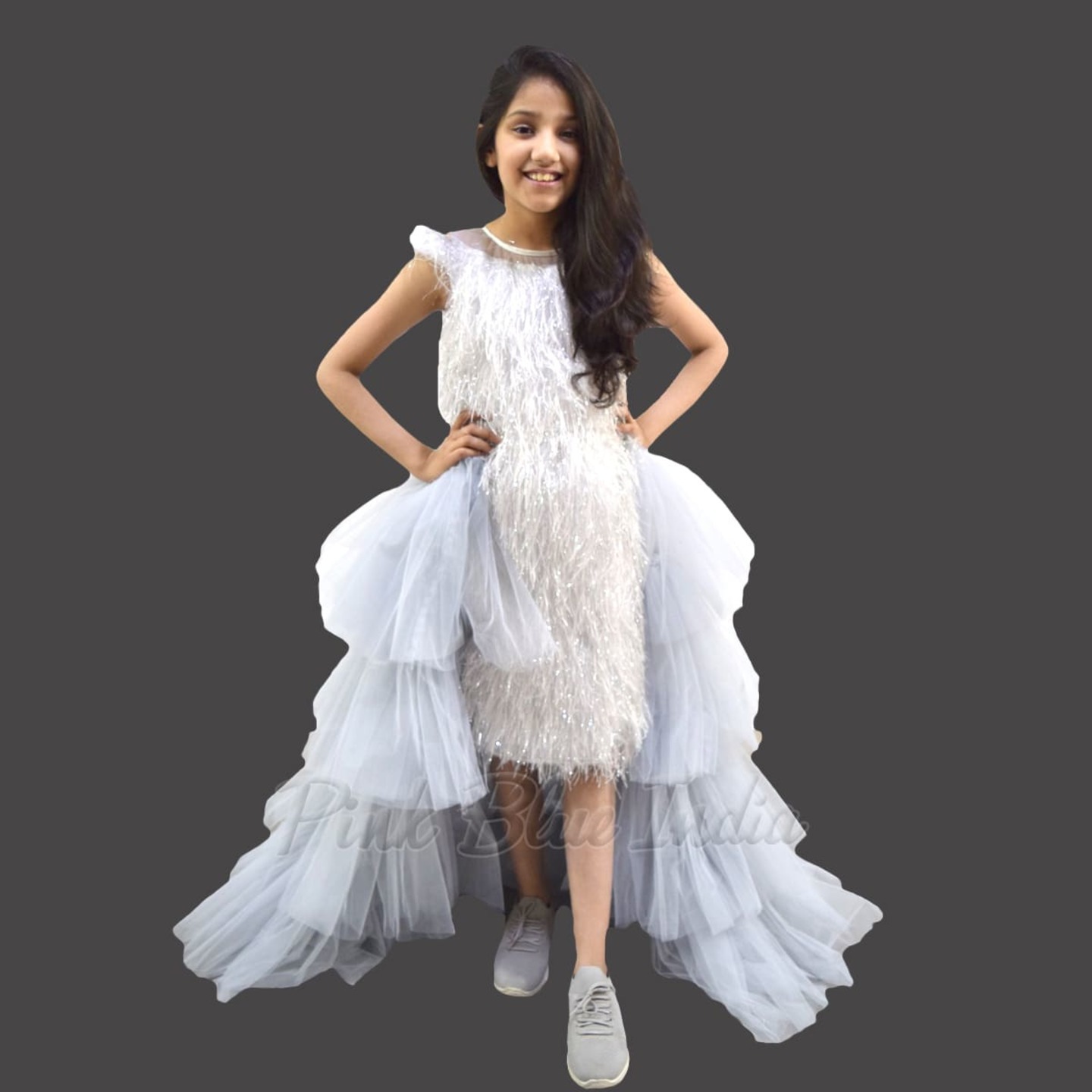 Silver Detachable Tail Birthday Party Wear Girls Gown