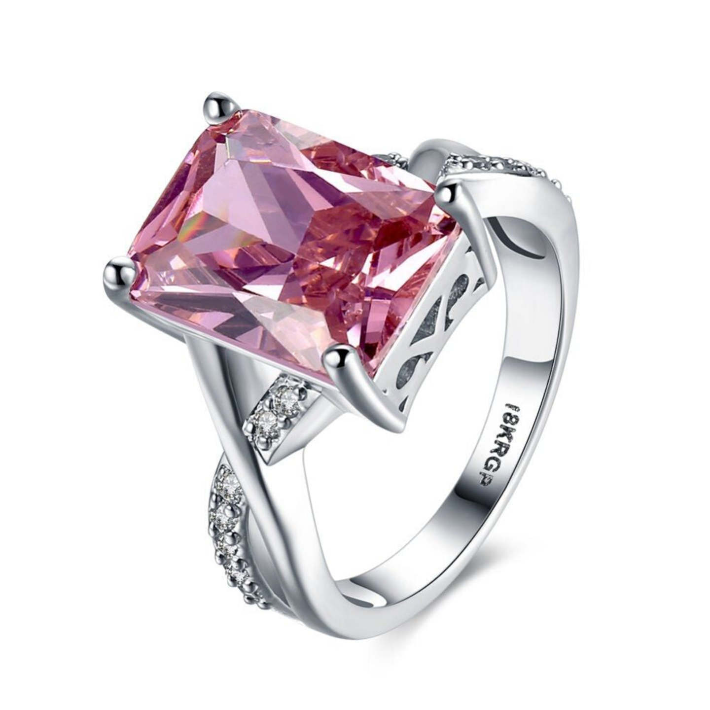 Princess cut pink high grade crystal Ring in silver toned Base